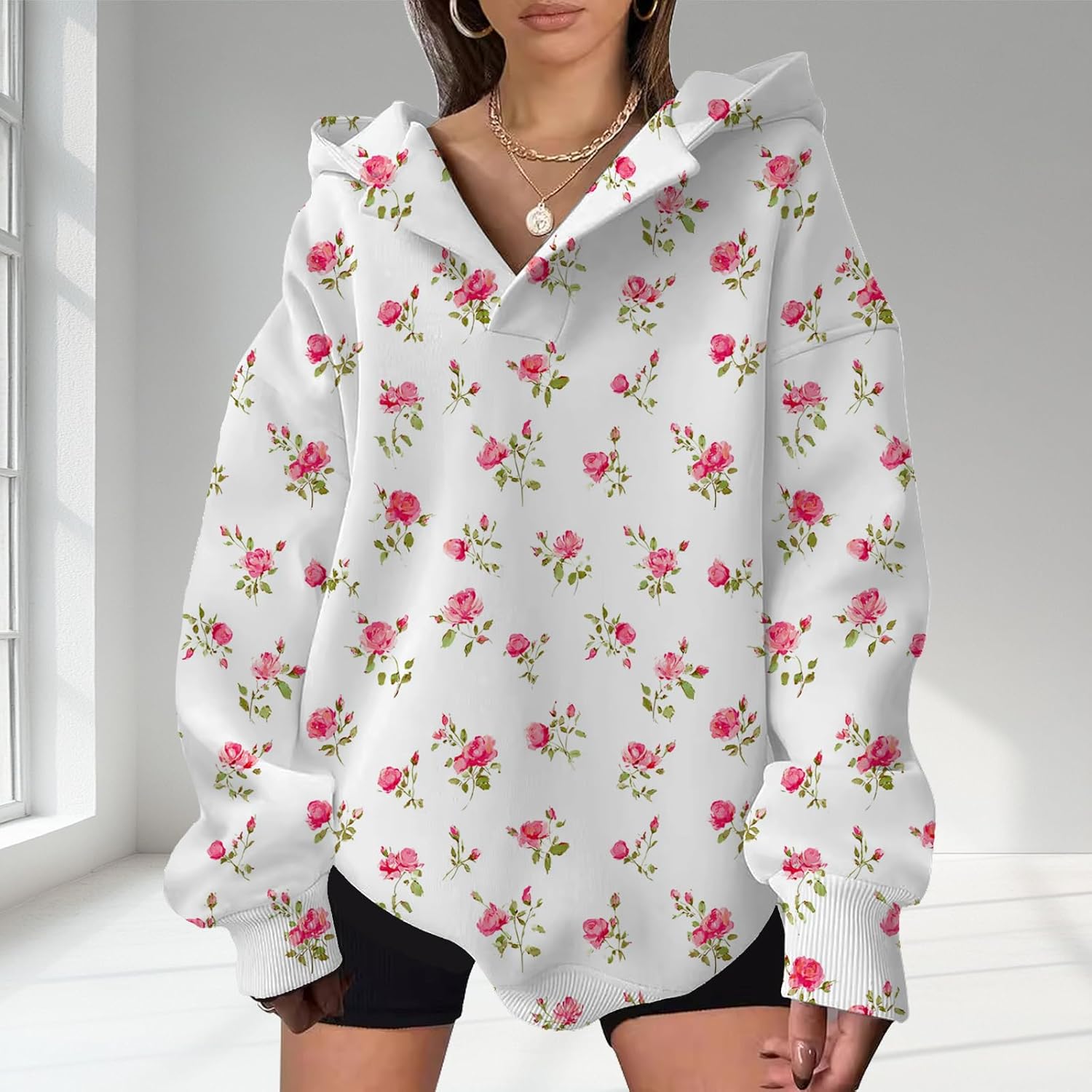domirica Womens Fashion Hoodies Floral Print Long Sleeve Casual Sweatshirts Oversized Comfy Pullover Tops