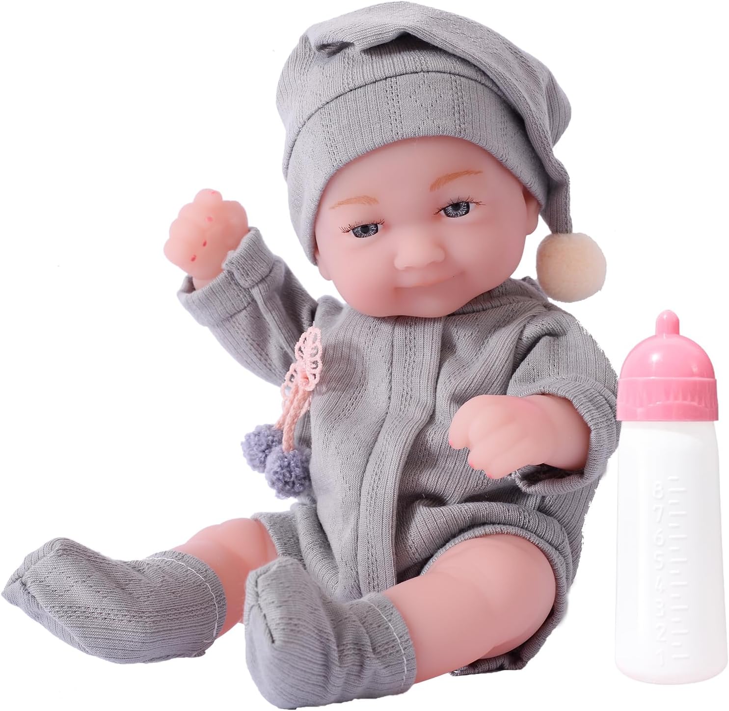 Beem Jun11-Inch Small Realistic Baby Doll, Waterproof Soft Vinyl Full Body Bebe Doll, Lifelike Baby Doll with Toy Bottle, 28cm Reborn Baby Doll in Christmas Clothes (Christmas Grey A)