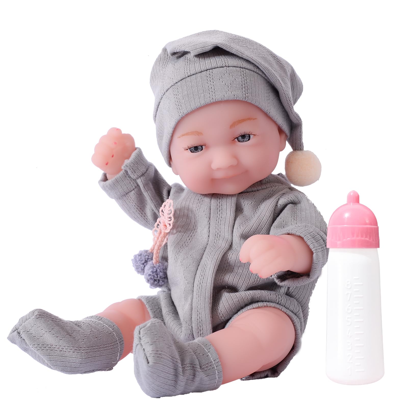 Beem Jun11-Inch Small Realistic Baby Doll, Waterproof Soft Vinyl Full Body Bebe Doll, Lifelike Baby Doll with Toy Bottle, 28cm Reborn Baby Doll in Christmas Clothes (Christmas Grey A)