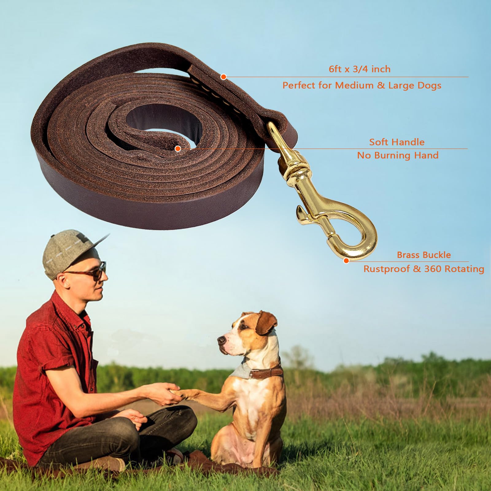 Guiding Star Correa de cuero para perro de 6 pies x 3/4 pulgadas, correas de cuero marrón para perros con gancho de cobre inoxidable, correa de cuero resistente para perros, correas de cuero suaves