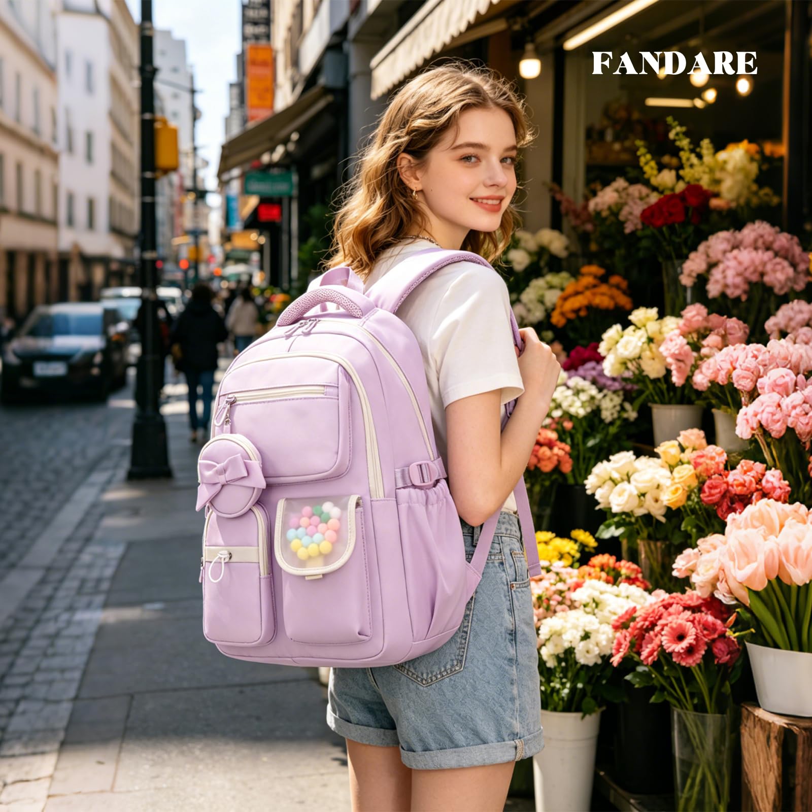FANDARE Sac à Dos PC Portable 15.6 Pouces Grande Capacité Sac à dos à roulettes 35L pour Fille Étudiante Cartable Scolaire avec 6 Roues Multipoches Imperméable pour Voyage Collège Lilas