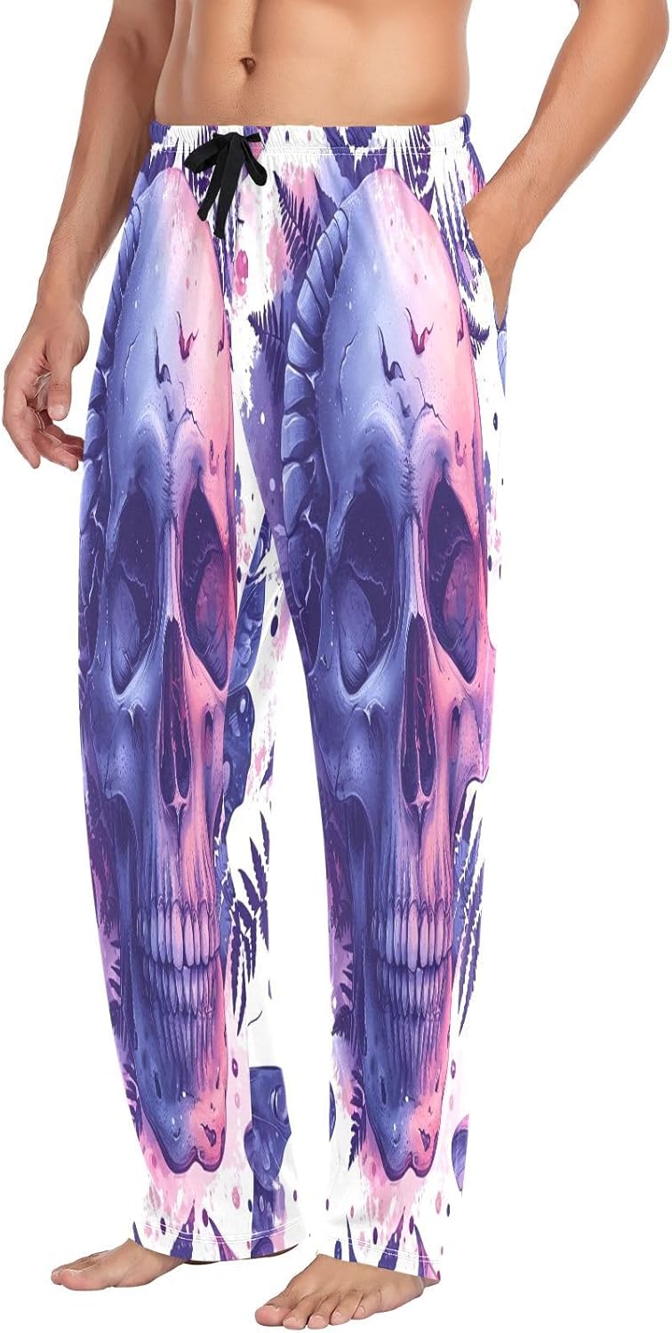 ALAZA Skull Butterfly Men's Pajama Pants Men Cotton Pajama Bottoms with Pockets, S