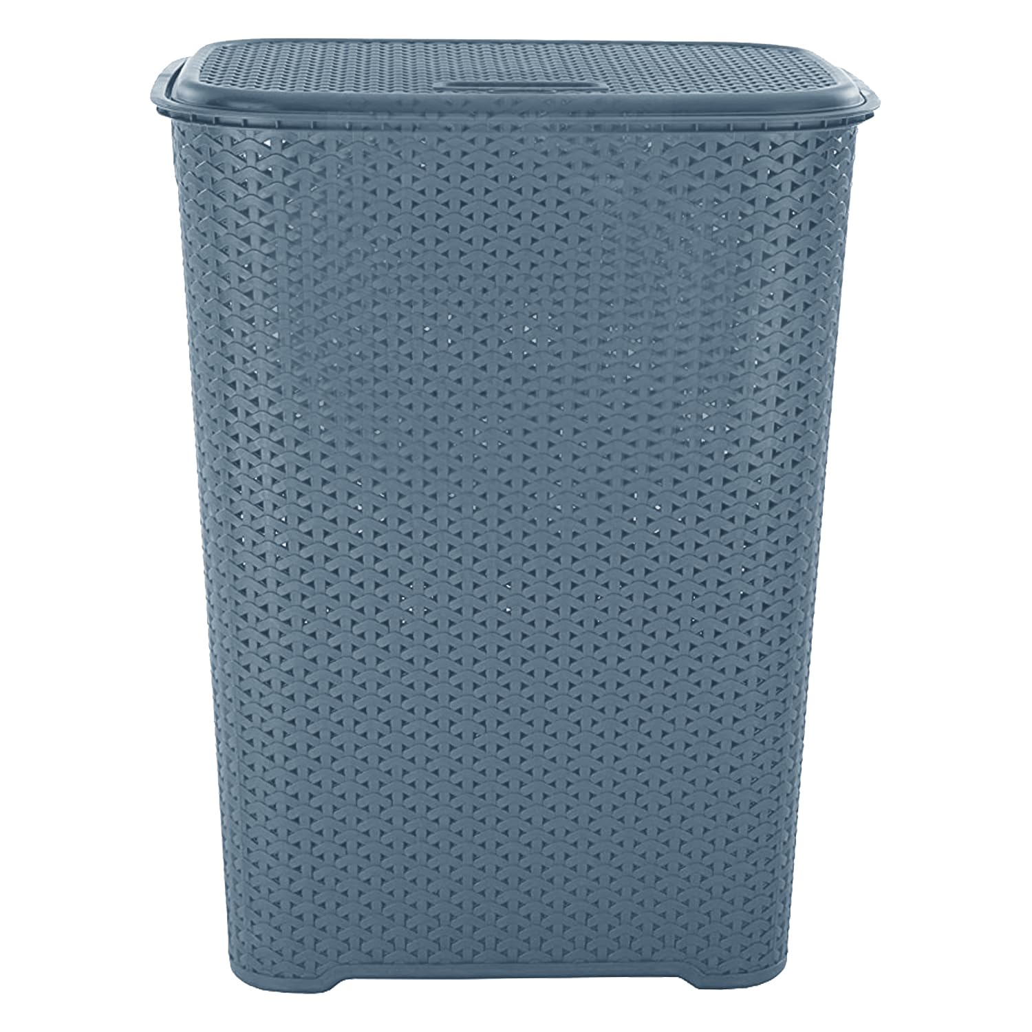JMS we create smile 65L Litres Large Laundry Basket with Flap Lid | Knit Design Laundry Hamper Washing Clothes Linens Storage Basket With Handles for Laundry Bedrooms (Blue)