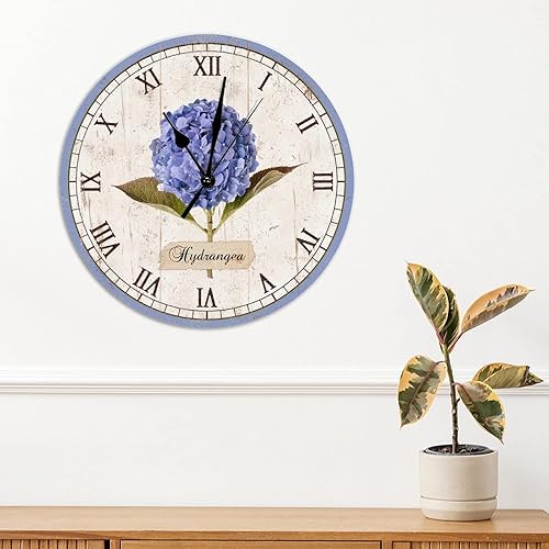 Miniatura 3 de Relojes de pared de madera de hortensias rústicas elegantes con diseño de mariposa para jardín, sin marco, 12 pulgadas, silencioso, sin tictac,