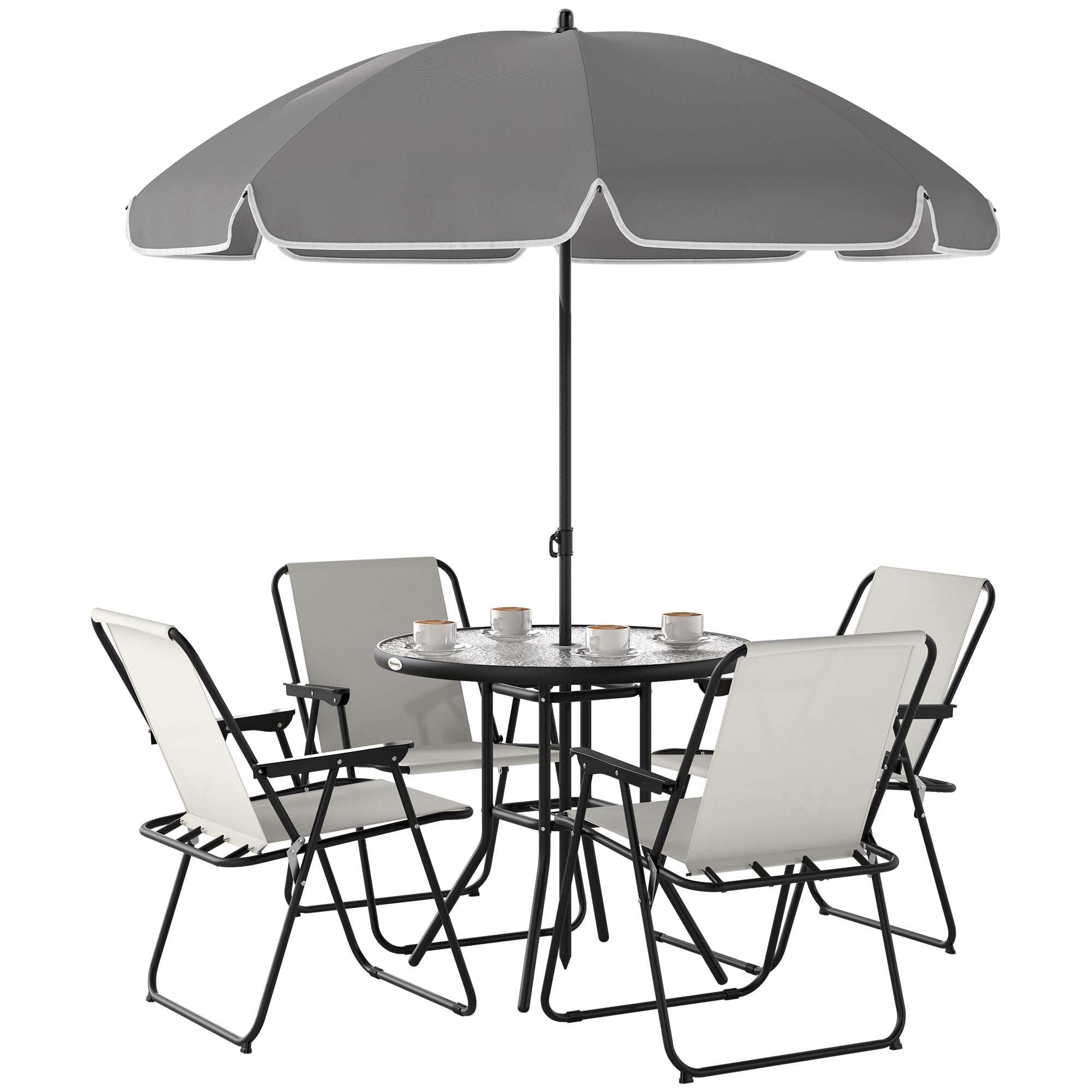 Outsunny Conjunto de Mesa y Sillas Jardín de 6 Piezas Muebles de Jardín Exterior con 4 Sillas Plegables Mesa de Vidrio y Sombrilla para Terraza Patio Crema