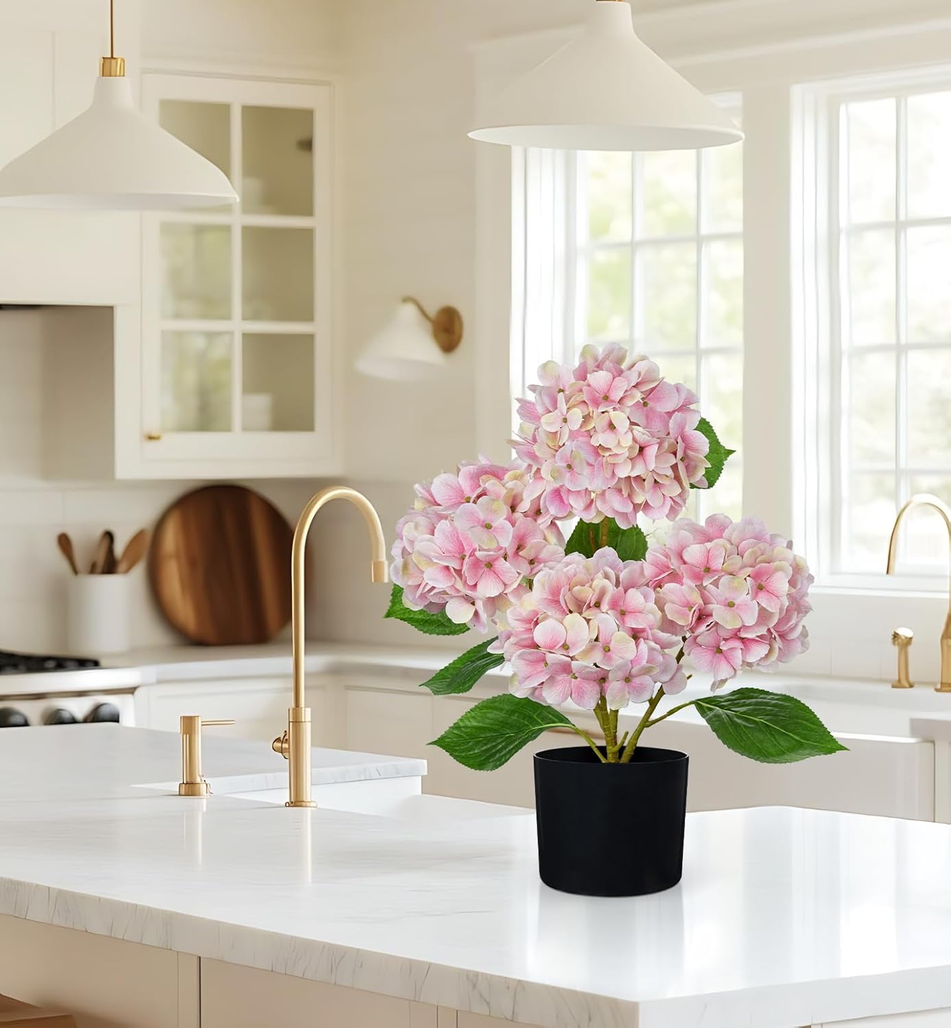 Hollyone Pink Hydrangea Artificial Flowers in Pots 19.7" Four-Head Faux Silk Hydranges Flower Arrangements for Indoor Home Office Kitchen Table Centerpieces Wedding Decorations