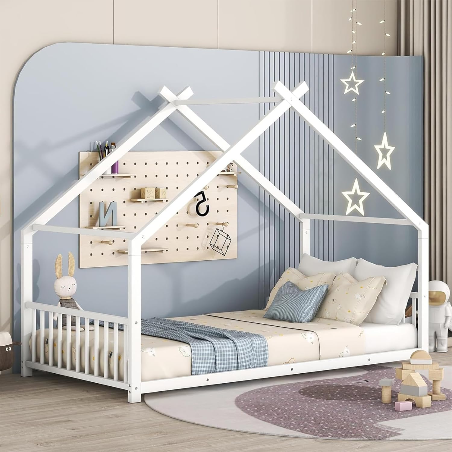 Twin Size Floor House Bed for Kids, Metal Montessori Bed Frame with Roof and Guardrails, Low Playhouse Bed for Girls and Boys (Black)