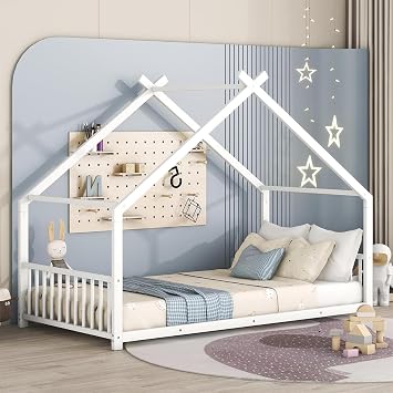 Twin Size Floor House Bed for Kids, Metal Montessori Bed Frame with Roof and Guardrails, Low Playhouse Bed for Girls and Boys White