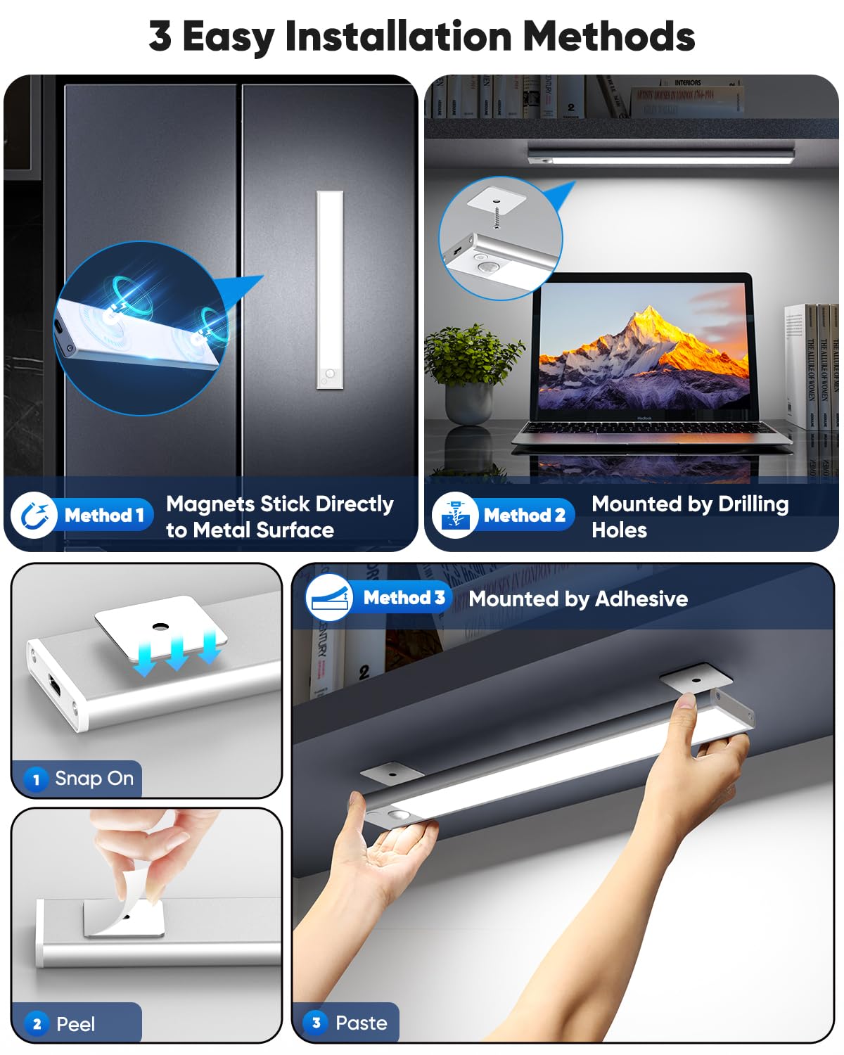Luces para debajo del gabinete, luz nocturna LED recargable, funciona con pilas, activada por movimiento, para interiores, luces magnéticas regulables de 6500 K, 3200 mAh, luces inalámbricas debajo