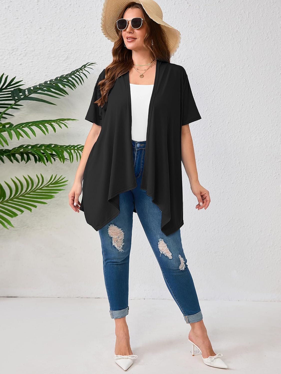 AusLook Women's Plus Size Lightweight Open Front Short Sleeve Cardigan Cover Ups Shrugs Shawls and Wraps Kimono Jacket Coat - Image 5