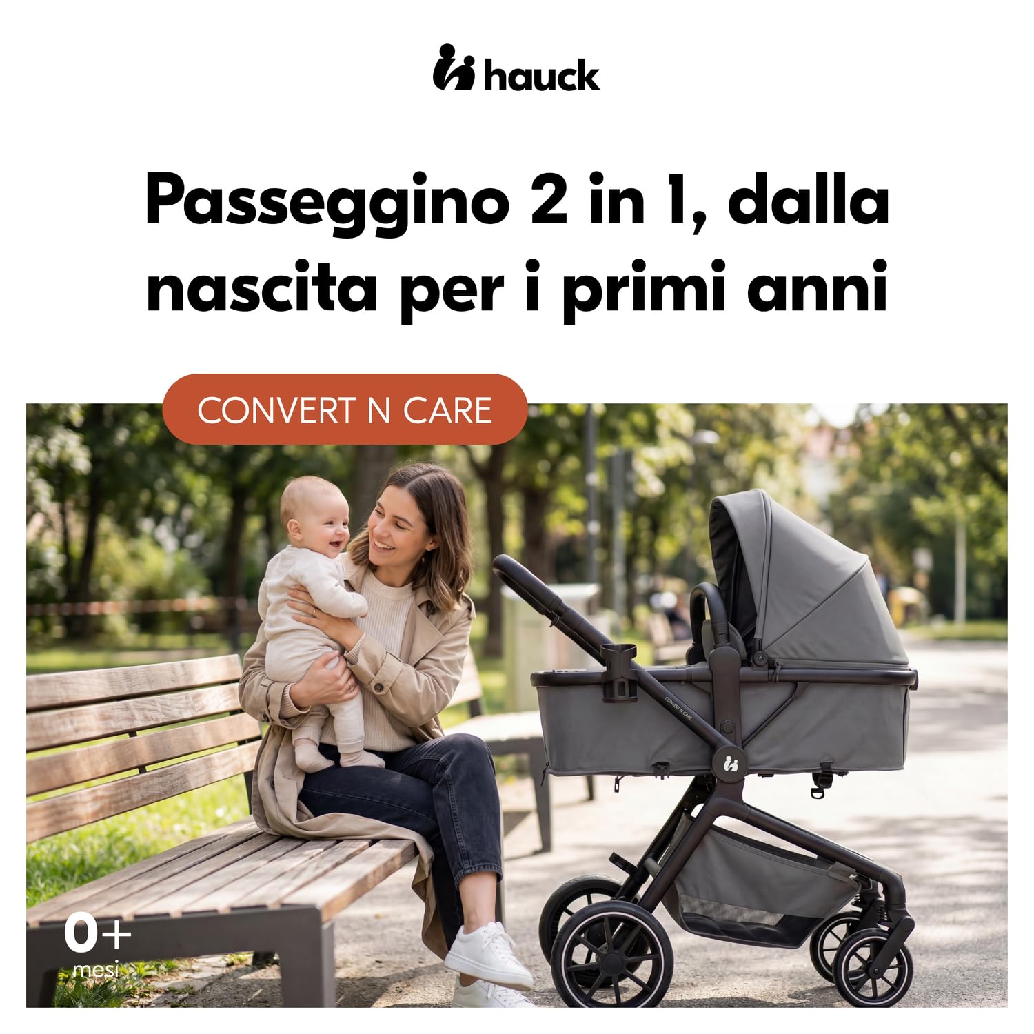 hauck Convert N Care Passeggino 2 in 1 Con Navicella e Seduta Reversibile dalla Nascita a 22 kg, Sistema Modulare, Ruote in Gomma, Sospensioni, Protezione UV 50+, con Adattatori Ovetto - Dark Gray