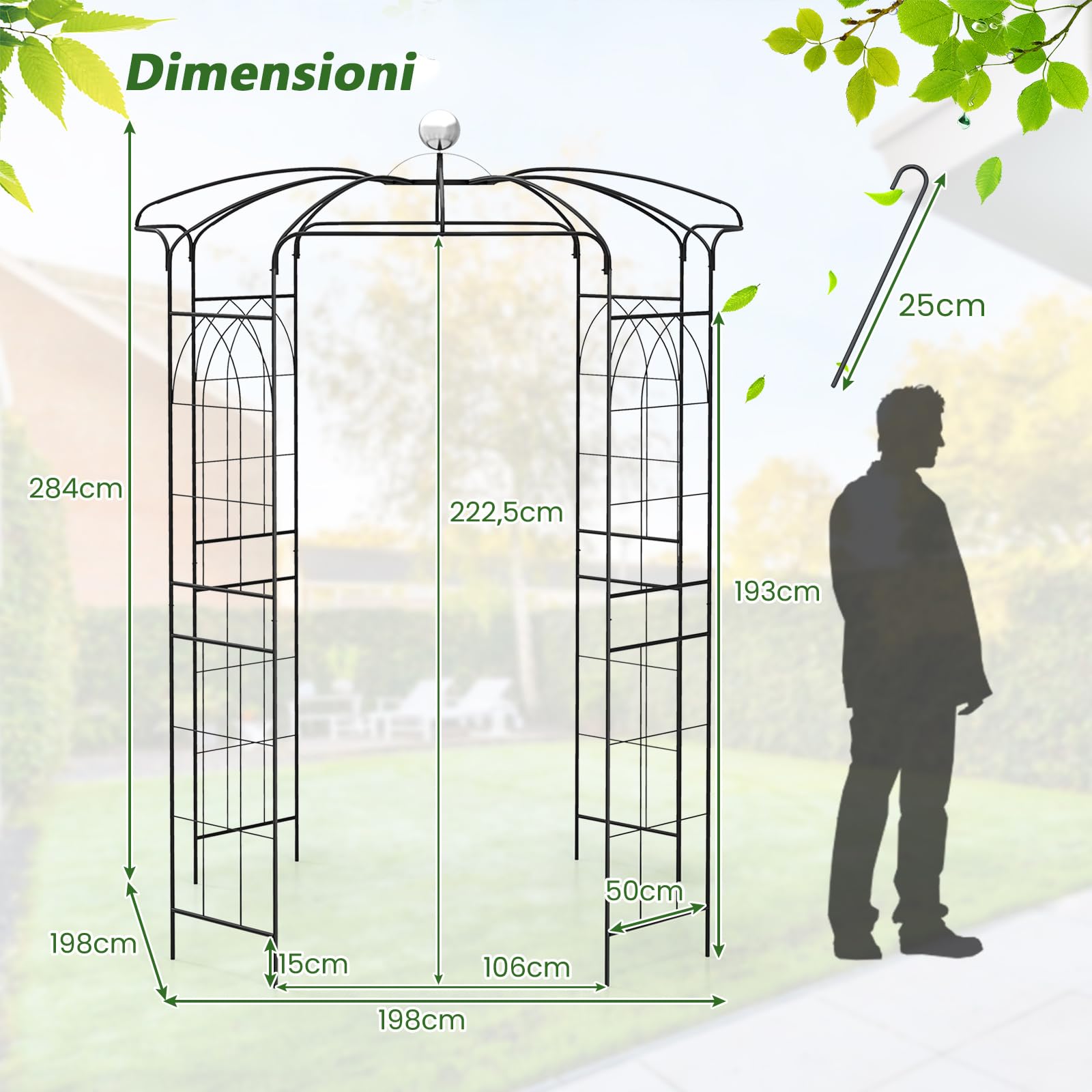 COSTWAY Traliccio ad Arco in Metallo Zincato per Piante Rampicanti, Gazebo a Forma di Gabbia per Uccelli con Gancio e Paletti, Pergola da Giardino per Cerimonie, 198 x 284 cm, Nero