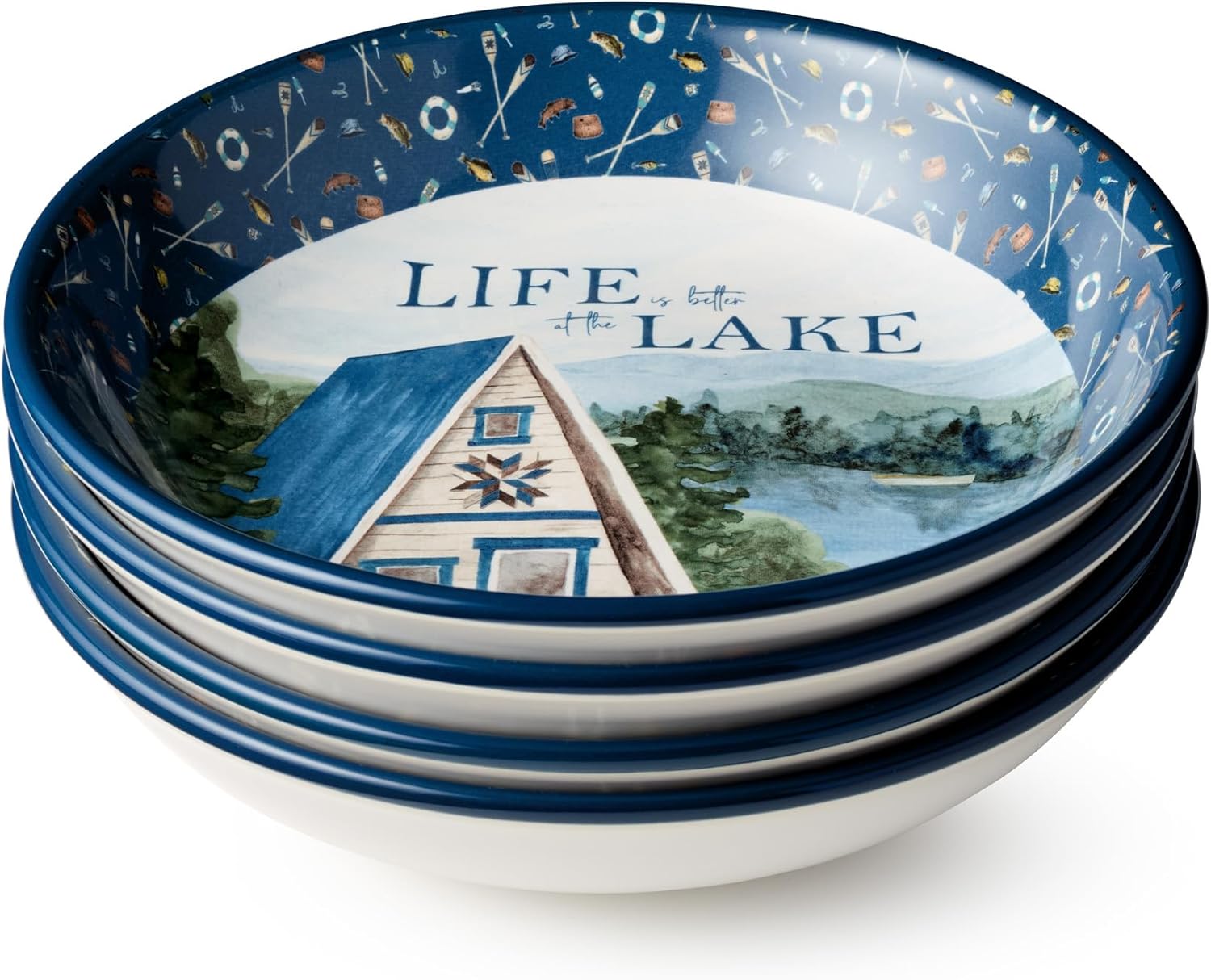 Wake at the Lake 9-Inch Soup/Pasta Bowls, Set of 4, Lakeside-Inspired Designs with Rustic Artwork, Durable Ceramic, Dishwasher & Microwave Safe, Perfect for Soups, Salads & Pasta