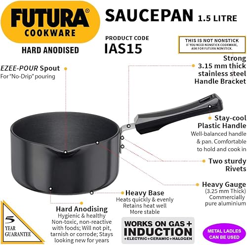 Miniatura 2 de Hawkins Futura 1.5 Litre Saucepan, Hard Anodised Sauce Pan, Induction Saucepan, Small Sauce Pan, Black (IAS15)