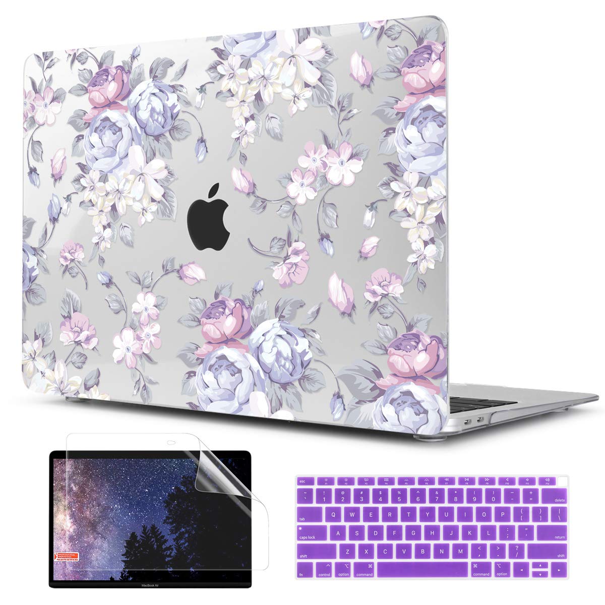 TwoL Transparent Hard Plastic Case Silicone Keyboard Cover Screen Protecor Compatible with 2018-2021 MacBook Air 13 inch A1932 A2179 A2337 M1 Purple Peony