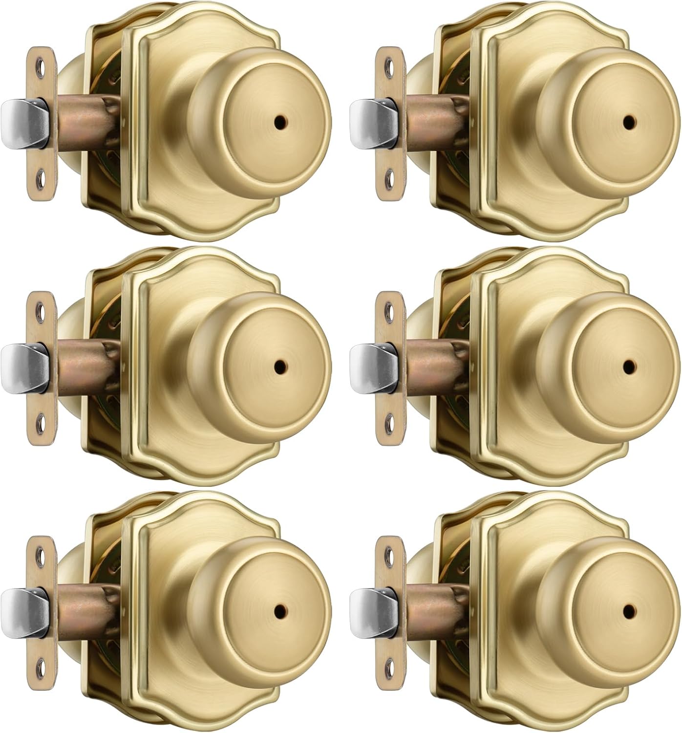 6 Pack Gold Door Knobs with Camelot Trim,Interior Door Knob with Lock,Coastal Privacy Door knob for Bath and Bedroom, Satin Brass