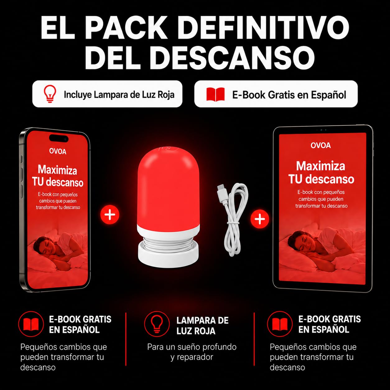 NXT - Lampara Luz Roja Nocturna Melatonina 625nm + EBOOK | Lampara Luz Roja Bebe y Adultos Para Dormir Mejor | Lámpara Luces Rojas Portátil Recargable USB | 3 Niveles de Brillo | Luces Rojas Nocturna