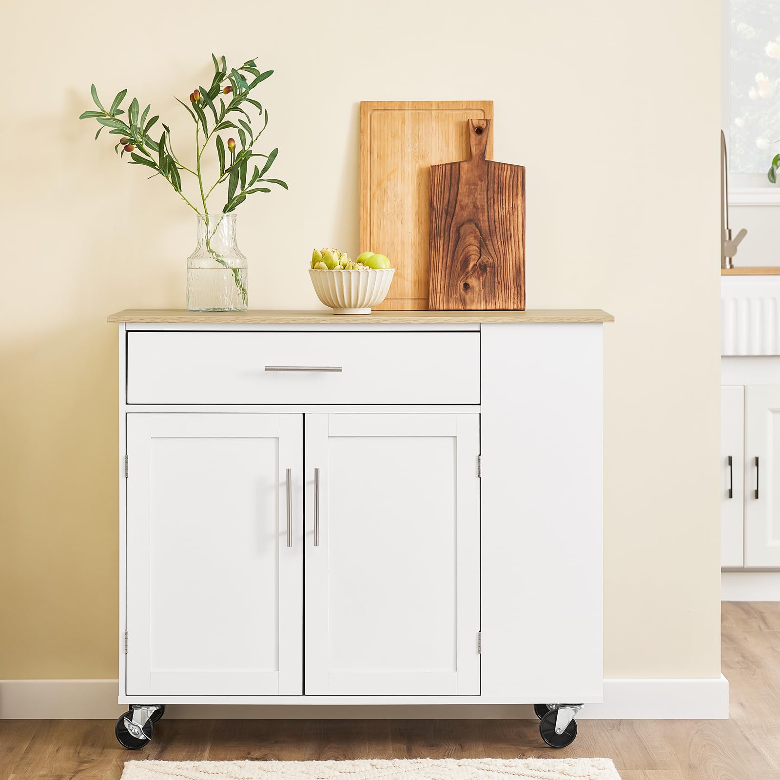 SoBuy Kücheninsel mit Arbeitsplatte, Küchenwagen mit Rollen, robuster Stauraum mit Edelstahl-Details, ideal als Servierwagen für Kaffeebar & Grillparty, für Kochliebhaber Weiß 99x85x40 cm FKW133-WN