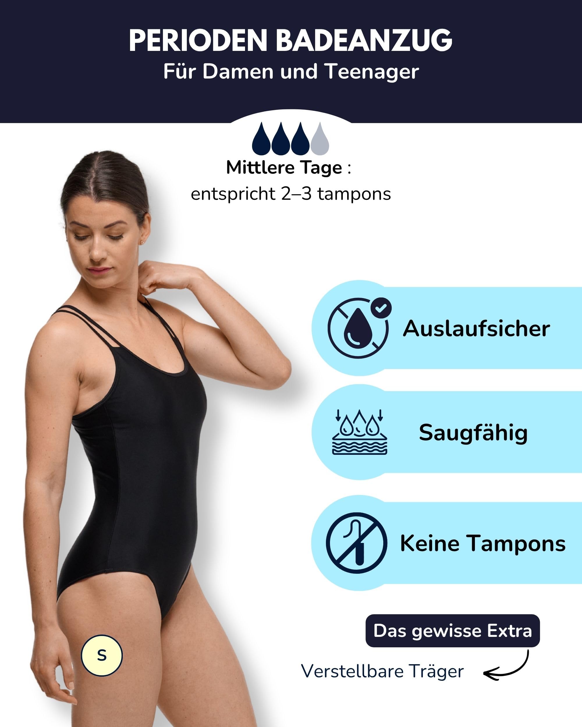 SORIO® Menstruationsbadeanzug für Frauen und Jugendliche - Einteiliger Badeanzug speziell für die Regelzeit - Auslaufsicher, geruchshemmend, wasserdichter - Leicht bis mäßig fließend - Stella