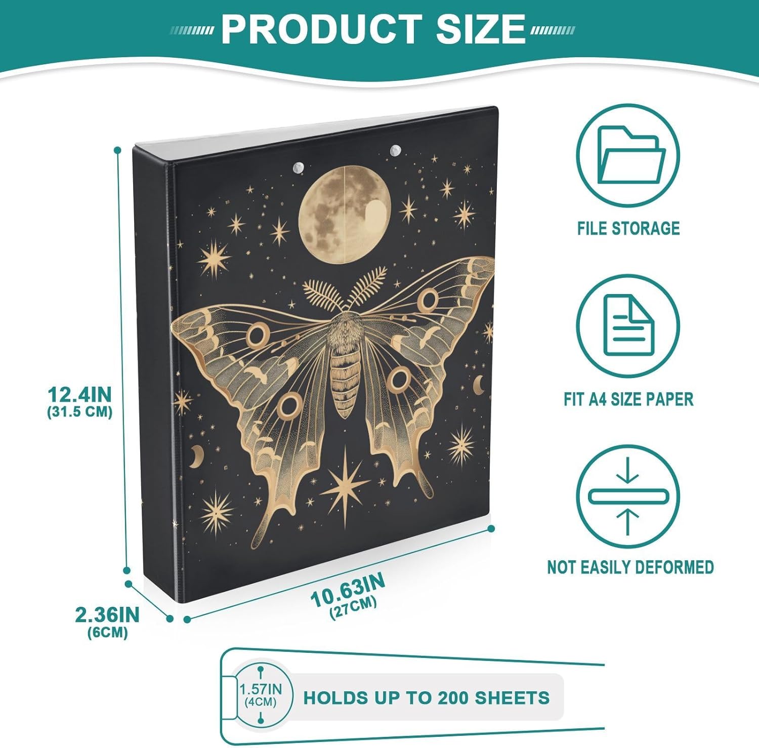 Moth Moon Printed 3-Ring Binder for School Office, 1.5 Inch Round Ring Binder for Home Recipe Budget Aesthetic Binder with Pocket Metal Non-Slip Clip Holds 200 Sheets of Paper