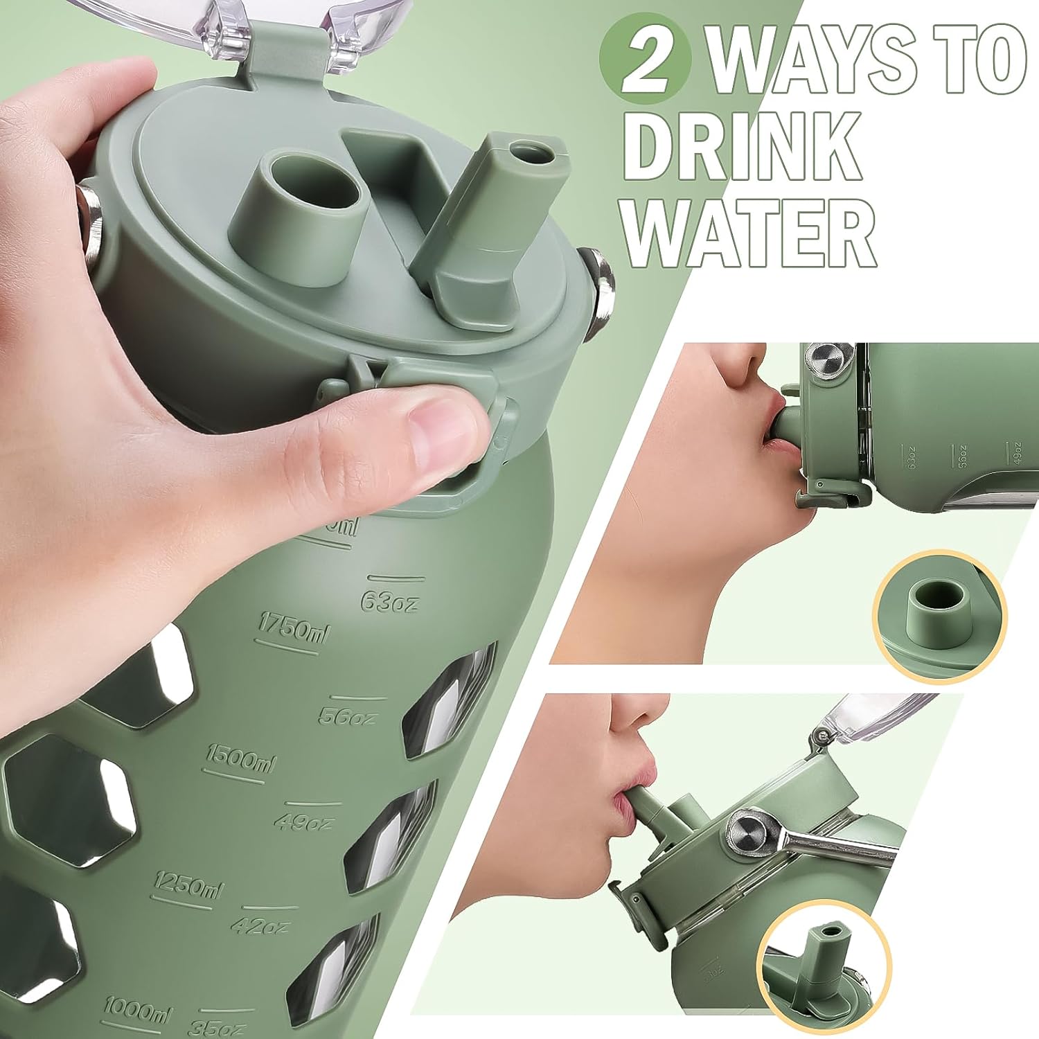 MUKOKO 64oz Glass Water Bottles with Straw and Lid,Half Gallon Water Bottle with Time Marker,Large Glass Water Jug with Silicone Sleeve and Stainless Steel Handle-Olive - Image 5