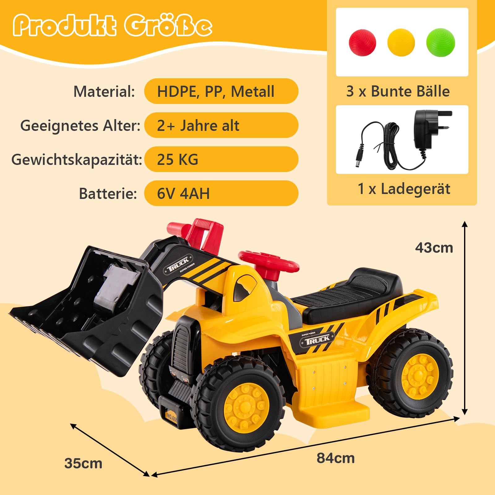 DREAMADE Bagger zum draufsitzen, Elektro Sitzbagger mit Internem Stauraum, Kinderbagger mit Basketballkorb & Sound-Tasten & 3 Bällen, Sandbagger Aufsitzbagger für Kinder ab 2 Jahren