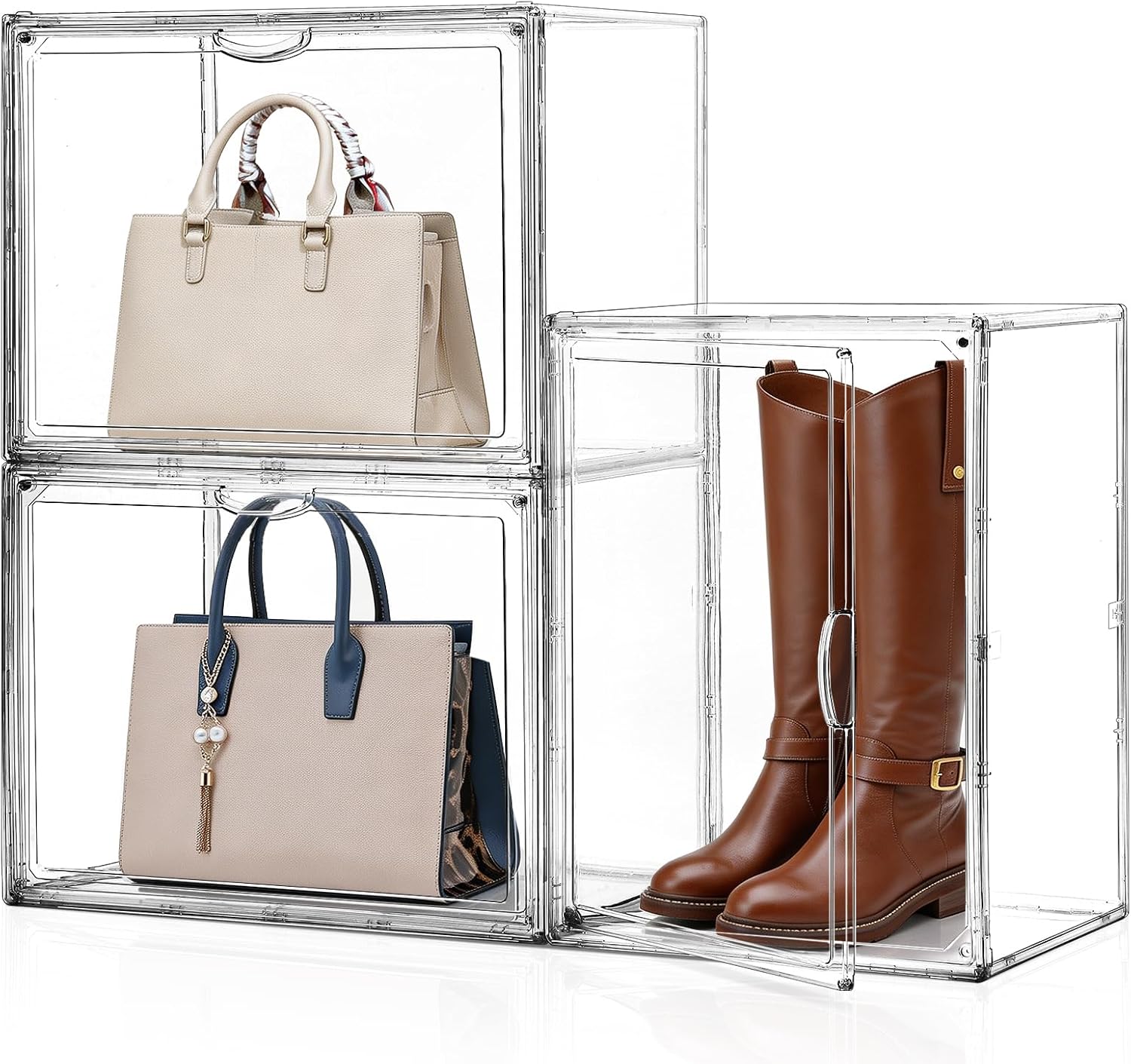 Ewen Handbag Organizer 11.4x9.8x15.4in 3 Pack Stackable, XX-Large Plastic Showcase Mag-netic Door for Purses Boots Helmets Storage, Clear Display Cases Home Office Organization Women Heels & Cosmetics
