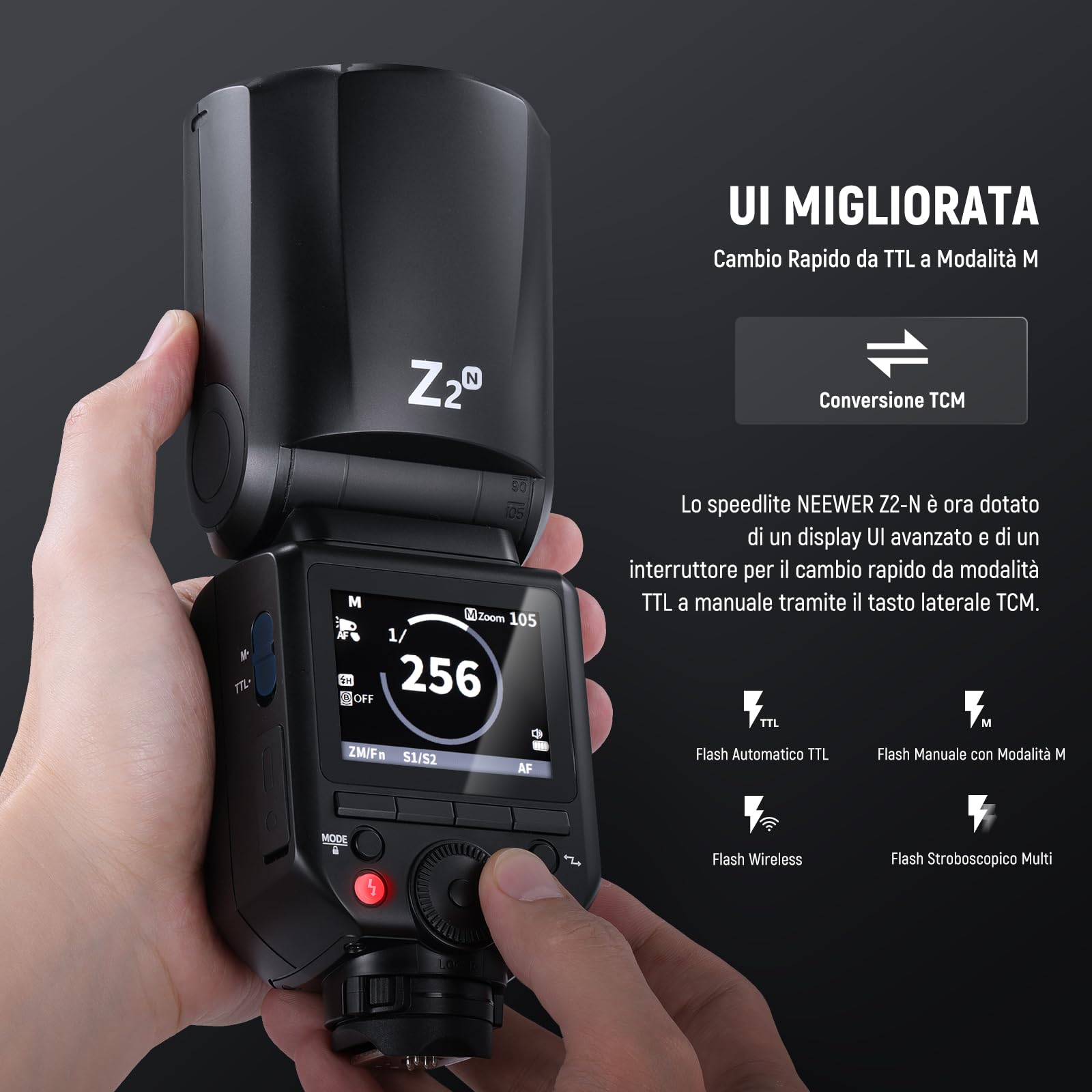 NEEWER Z2-N 2.4G Flash Speedlite TTL a Testa Rotonda Compatibile con Nikon, 600 Flash a Piena Potenza, 3000mAh 76Ws HSS 1/8000s, 2 Lampade Pilota, Diffusore di Luce, Tasto TCM TTL/M per Sistemi Q 2.4G