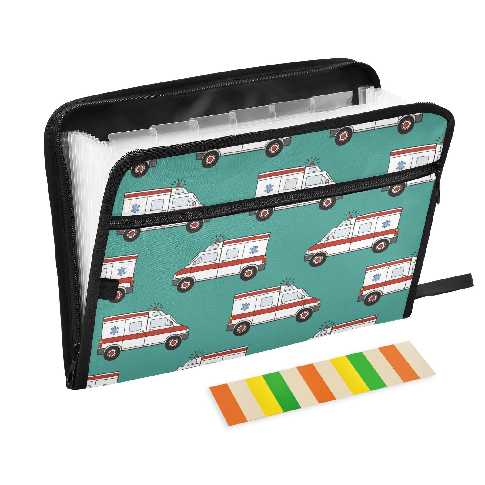 Ambulance Cars Green Expanding File Folder 13 Pockets A4 Paper Document Organizer Folder with Zipper for Company Office Document Organizer
