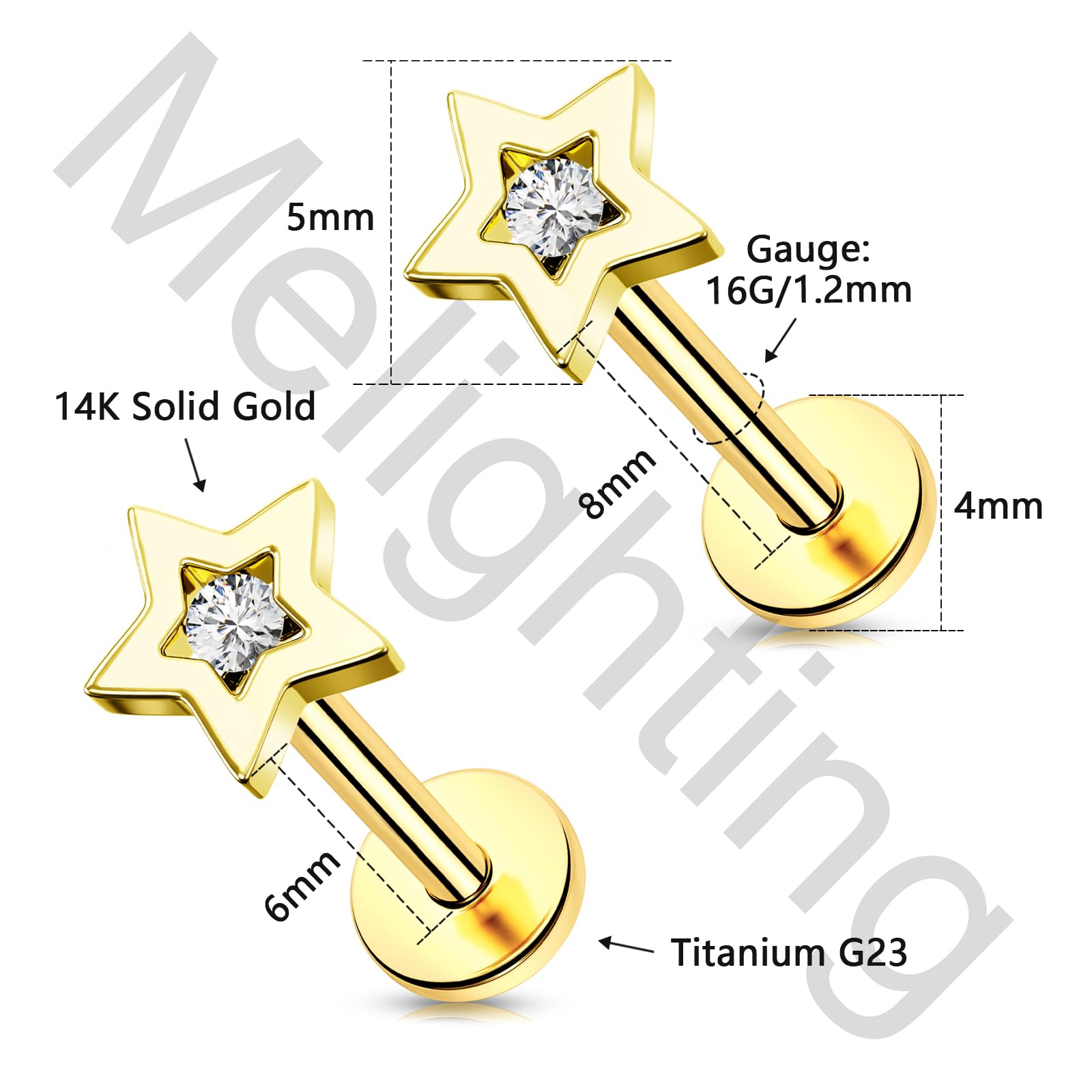 Melighting Pendientes de cartílago sin rosca, oro amarillo de 14 quilates, aretes de hélice, aretes de estrella con parte trasera plana, 16 g, aretes de tragus, joyería de 8 mm, 16G 8mm, Titanio Oro