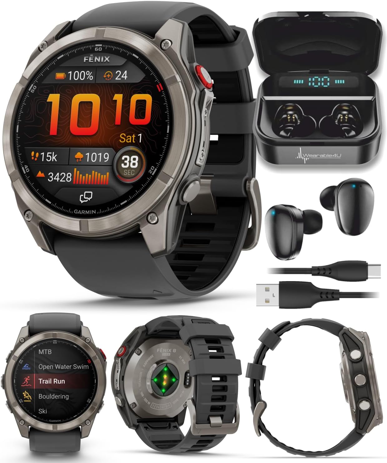 Wearable4U - Garmin Fenix 8 Pro 51mm AMOLED Sapphire Premium Connected Multisport GPS Smartwatch, inReach Technology, Titanium with Graphite Silicone Band w/Black Earbuds Bundle