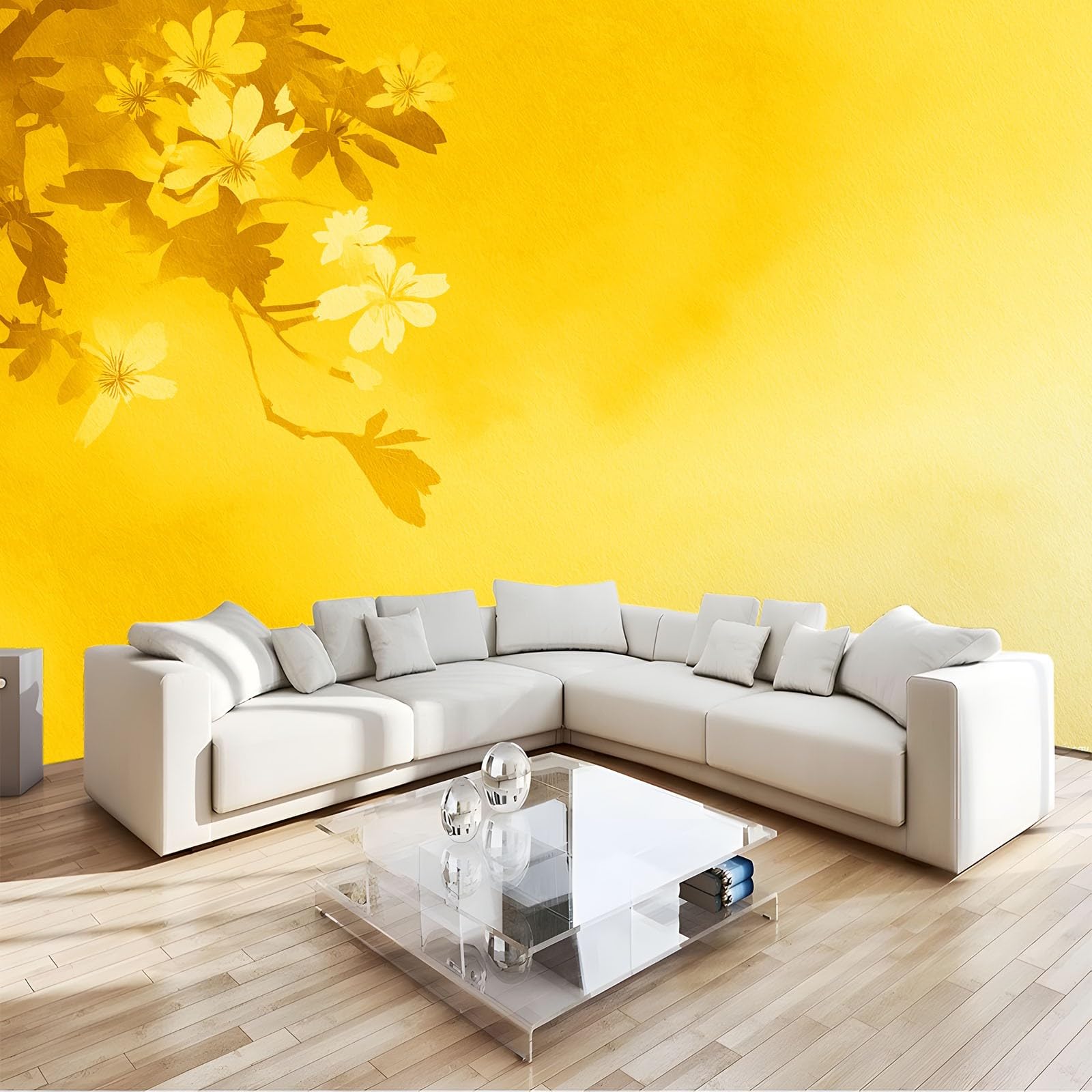 Carta da parati fotografica 500 x 280 cm, elegante decorazione da parete con piante nostalgiche floreali in tessuto non tessuto, decorazione murale e decorazione per la casa, oro chiaro, stampa