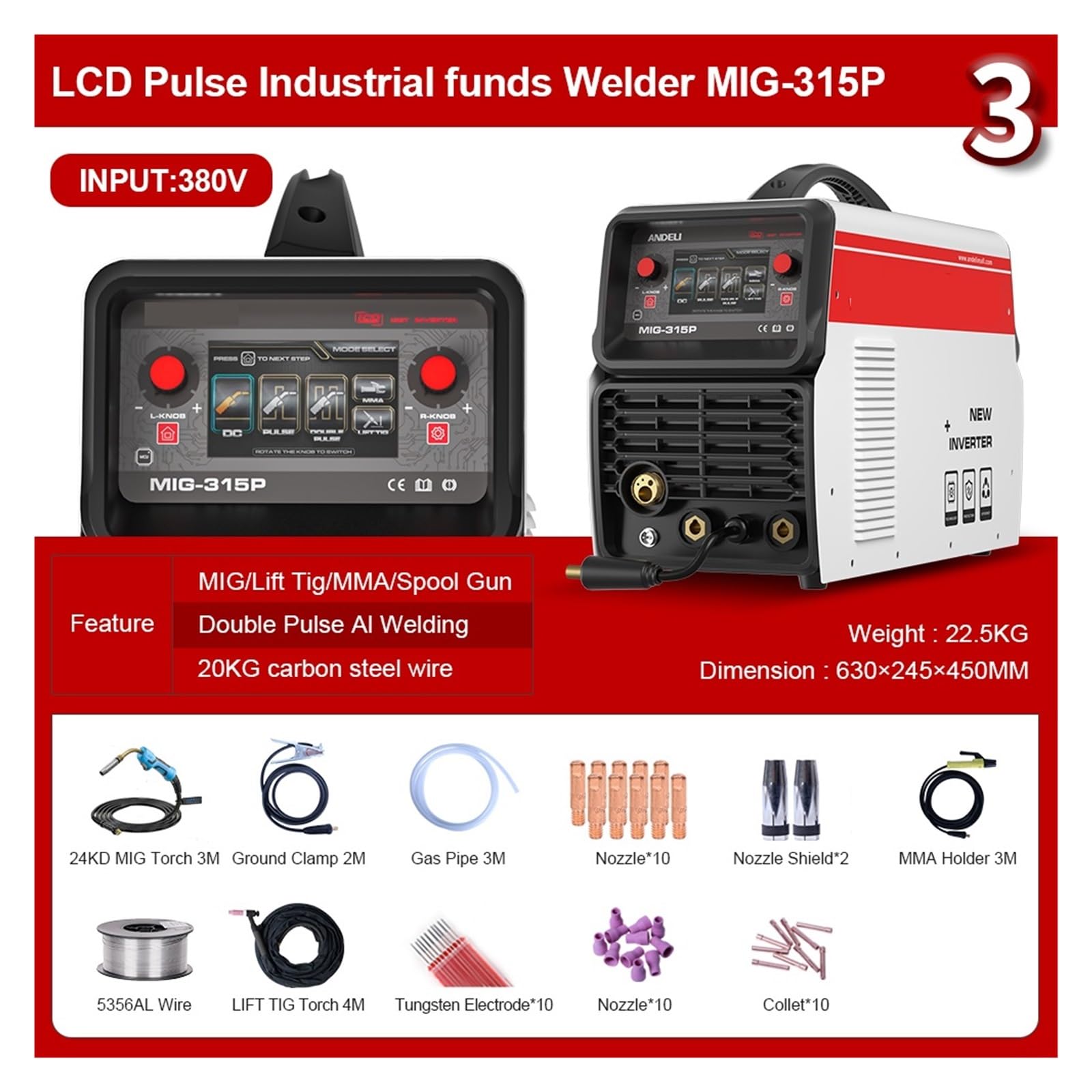 Soldador MIG De 380V, Doble Pulso, TIG ARC 3 En 1, Máquina Soldadura Industrial Semiautomática, Carrete Metal Aluminio Gran Rendimiento De Soldadura(Package 3)