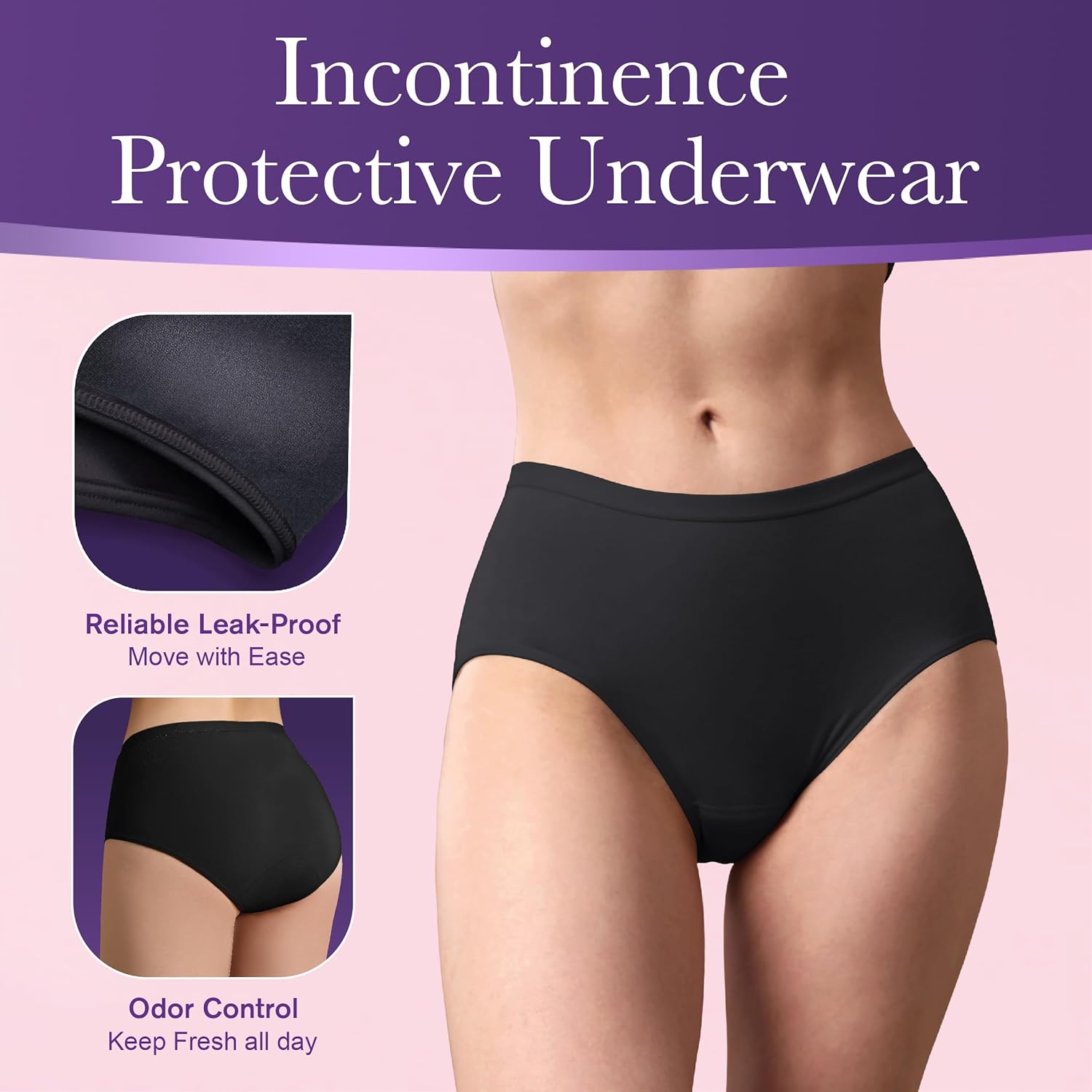 Incontinence Underwear for Women Washable Absorbent Leak Proof Postpartum Cotton Panties for Bladder Leakage 2.0 oz 3 Pack (3 Black, L) - Image 4
