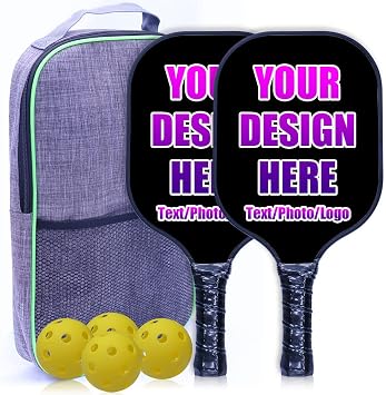 Custom Pickleballs Paddles Set Personalized Pickleballs Paddles with Comfort Grip, Customized with Photo Text Logo, Set of 2 Paddles with 4 Balls and 1 Portable Carry Bag