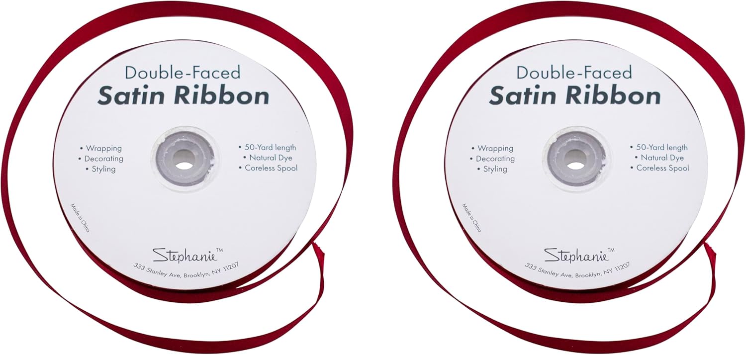 Set of 2 Double Faced Satin Ribbon 100 Yards (3/4", Burgundy)