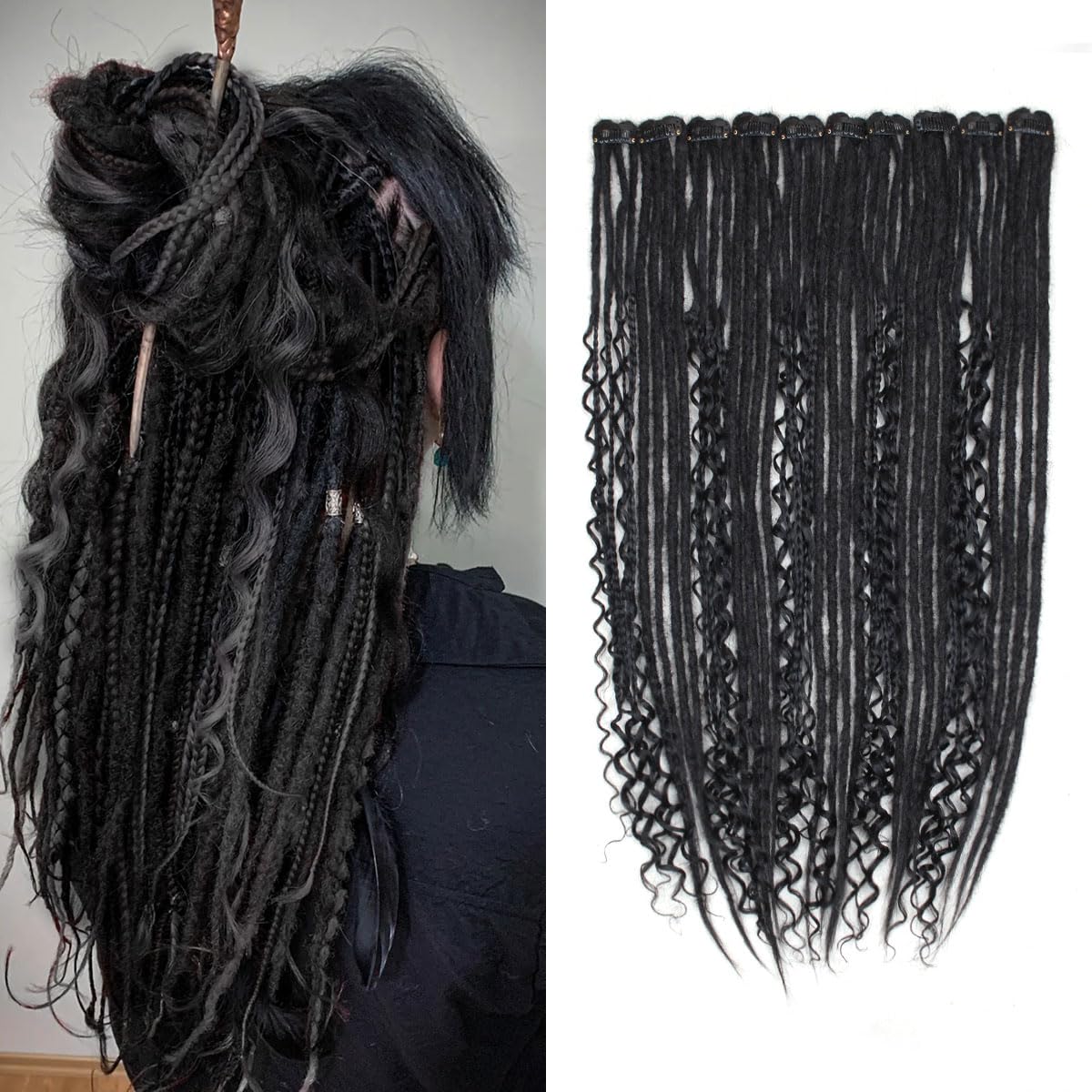 24 Inch Clip in Dreadlock Hair Extensions 10Clips 40 Strands Mixed Synthetic Dreads Extensions for Women,Handmade Soft Straight Boho Wavy Dreads,Black