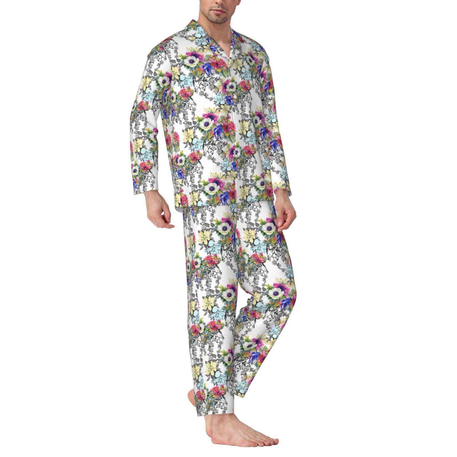 Giardino Fioritura Fiori di campo Uccelli Foglie Rami Stampa Uomo Manica Lunga Pigiama Set Pigiameria Due Pezzi Casa Viaggio Outfit Lounge Pantaloni