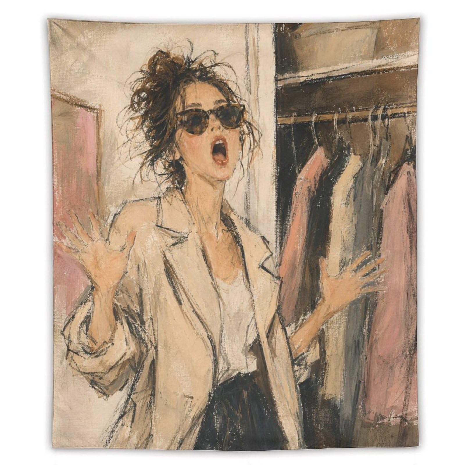 W7C8U2X3 Fashion Woman in White Shirt Wall Tapestry, Oil Painting, Entryway