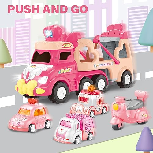 Miniatura 5 de Camión portador 9 en 1 de juguete - Coche de princesa rosa con luz y sonido - Juguetes para niños pequeños de 1 a 4 años