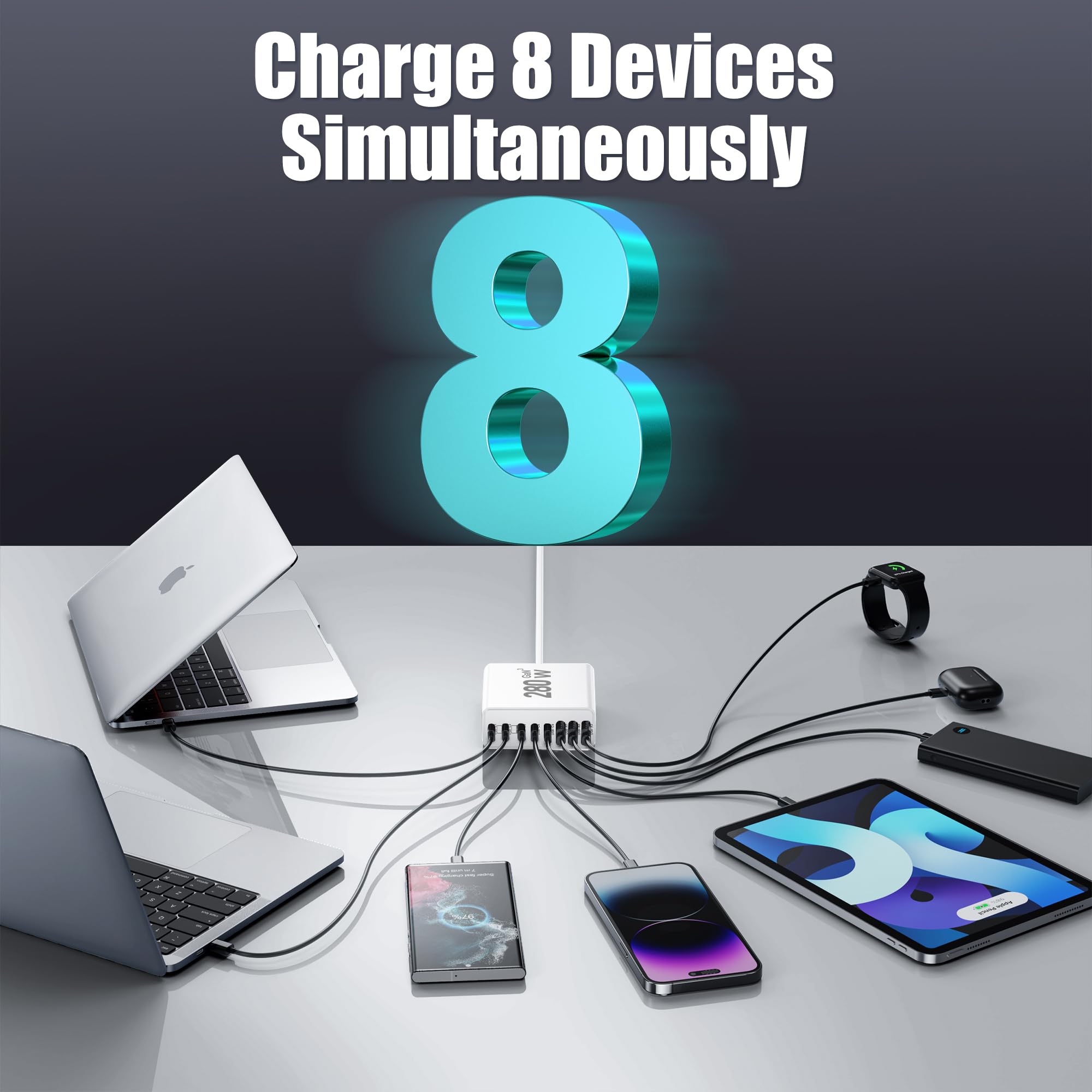 280W USB C Charger Block, 8-Port USB Charging Station GaN III PD 65W Laptop Charger Adapter Compatible with MacBookPro/Air,DELL,iPad,Portable Charging Station for iPhone,Samsung Galaxy(White)