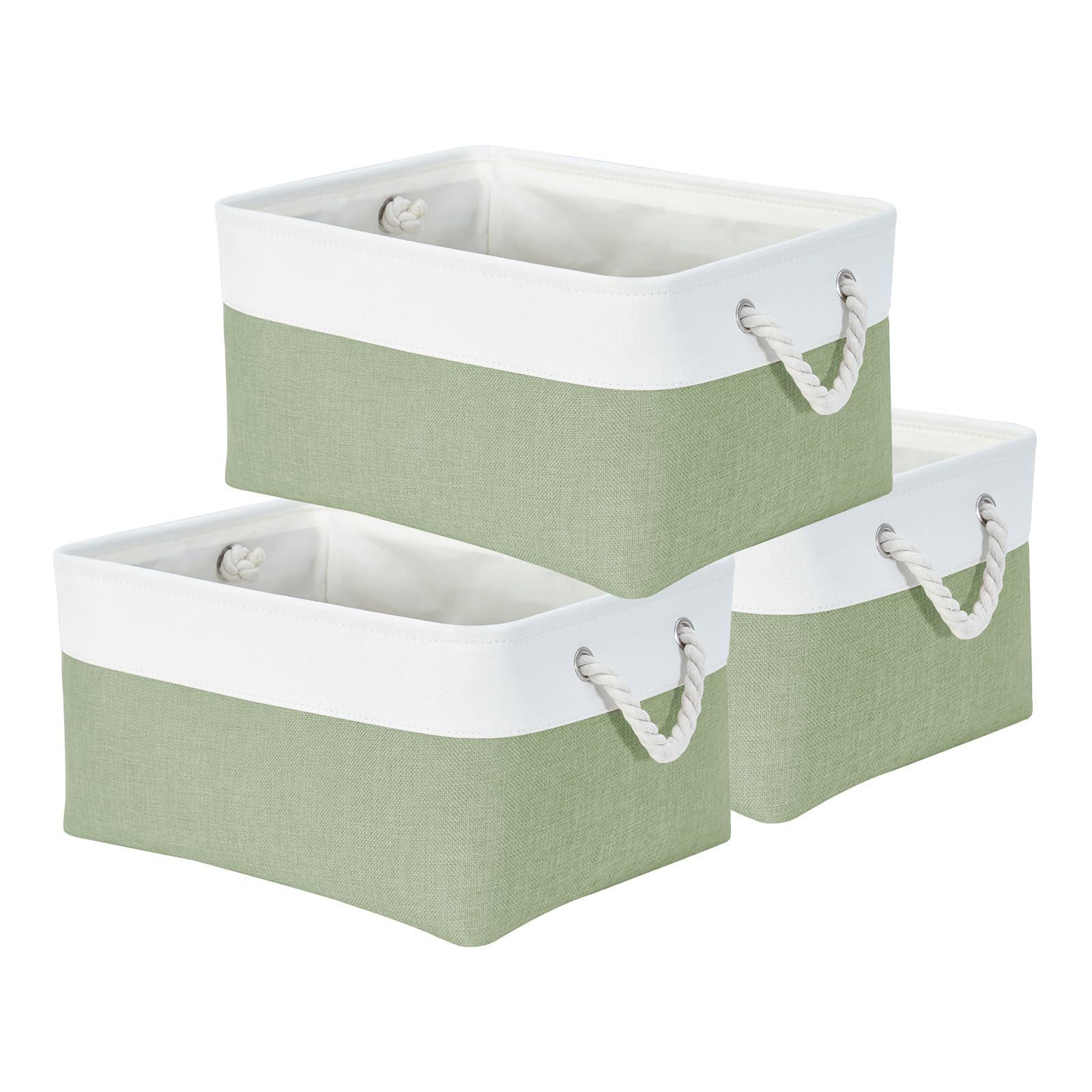 Mangata Set of 3 Soft Fabric Storage Baskets with Handles, Multi-Size, Rectangular Linen Organiser Boxes for Shelf & Wardrobe, 41x31x18 cm, Green & White (Large, 3 Packs)