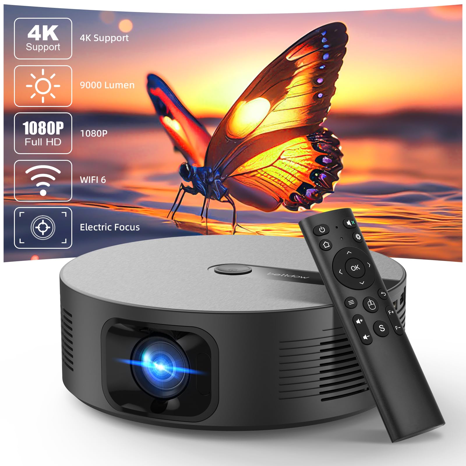 Bettdow Mini Proiettore per [Netflix-ufficiale & Android 13], 1080P Ruotabile, Autofocus/Correzione Trapezoidale, 4K Videoproiettore 10000 Lumen, BT 5.2 per Home Theater, Bianco