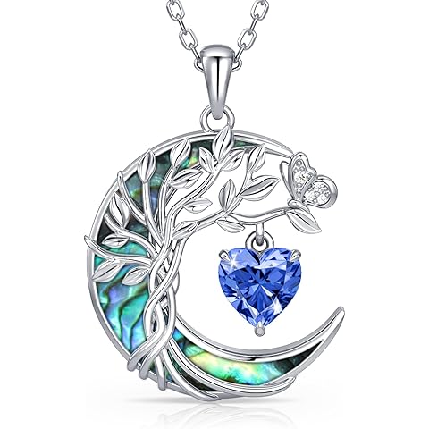 Distance Tree of Life Birthstone Necklace for Women, S925 Sterling Silver Premium Abalone Shell Moon Pendant, Heart Birthstone Necklace Christmas Anniversary Jewelry Birthday Gifts for Her Mom Wife