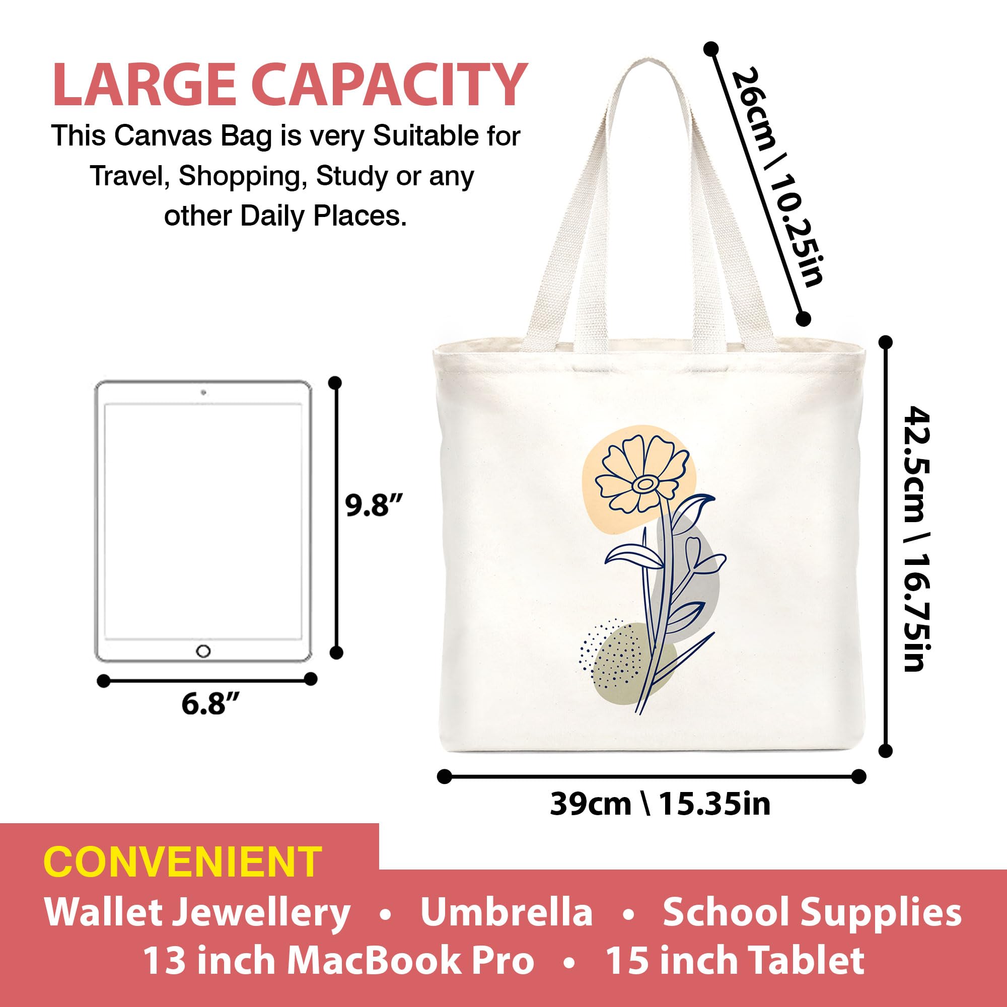 Goelite Flower Pattern Tote Bag For Women With Zipper | Canvas Cloth Totes For Grocery, Shopping, Girls College And Daily Use | Aesthetic Stylist Look Travel Handbag For Multipurpose Use 2