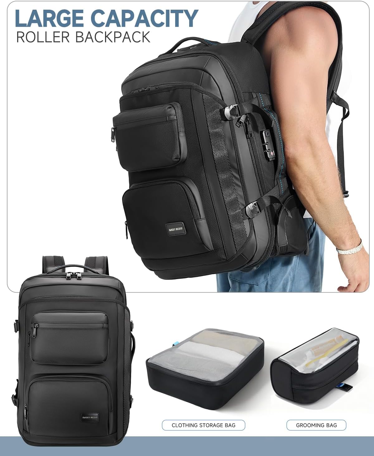 Carry on backpack with wheels, Rolling backpack with Dry-Wet Pocket, TSA Lock, Laptop Compartment, Water-Resistant for Men Women, Work, Air Travel（3-Piece Set-Includes Toiletry & Storage Bag）