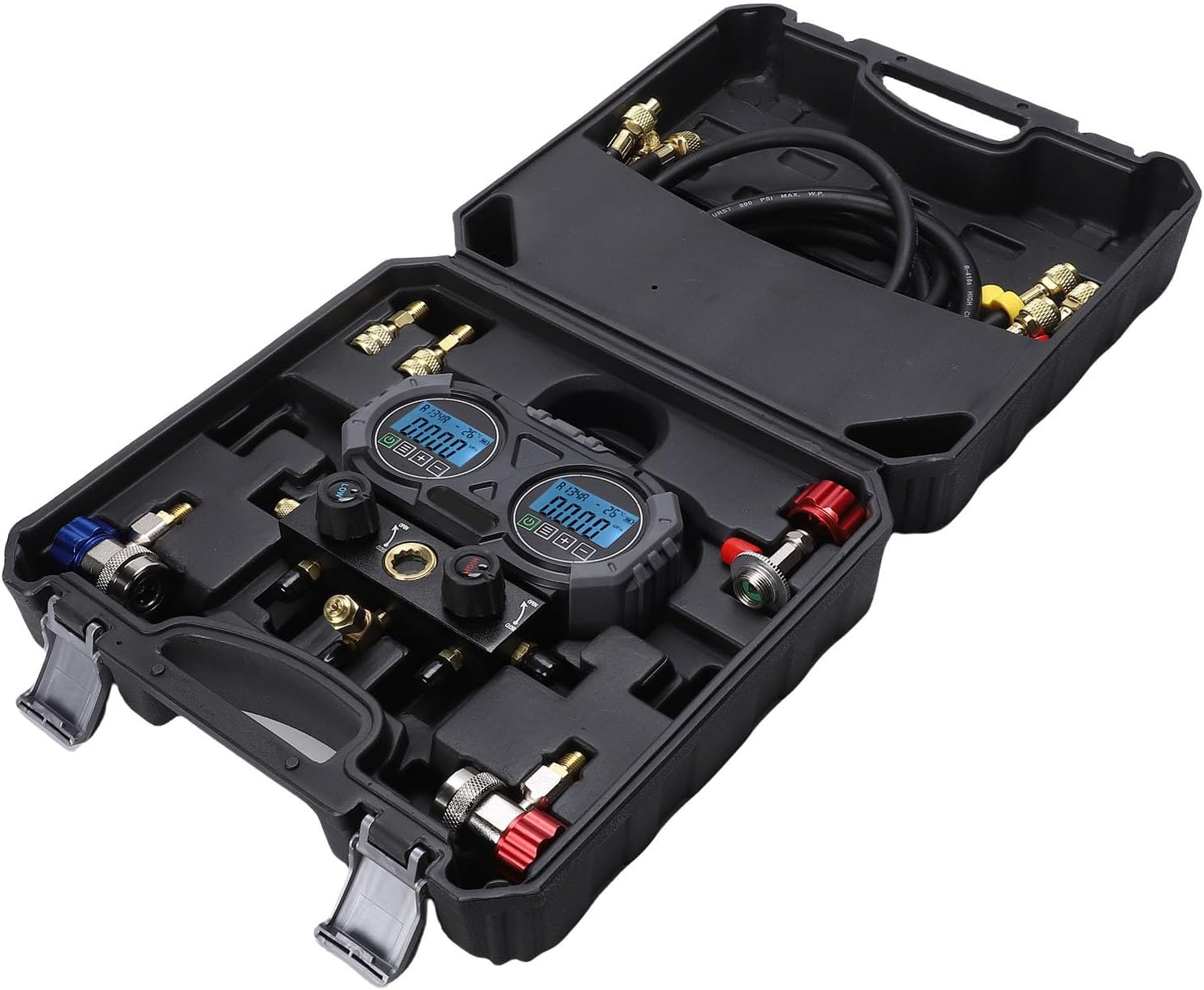 AUNMAS Digital Single Manifold Meter, HVAC Refrigerant Recharge Kit with Industrial Grade Ball Valve and LCD Screen, for AC Diagnostic Testing and Recovery Tasks