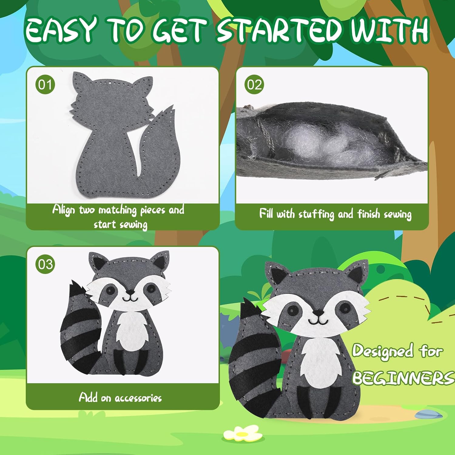GOASION Sewing Kit for Kids, Woodland Animals Kids Sewing Kit, Pre Punched Design for DIY Hanging Decorations, Sewing Tit for Beginners Age 8-12, Boys & Girls Birthday Gift