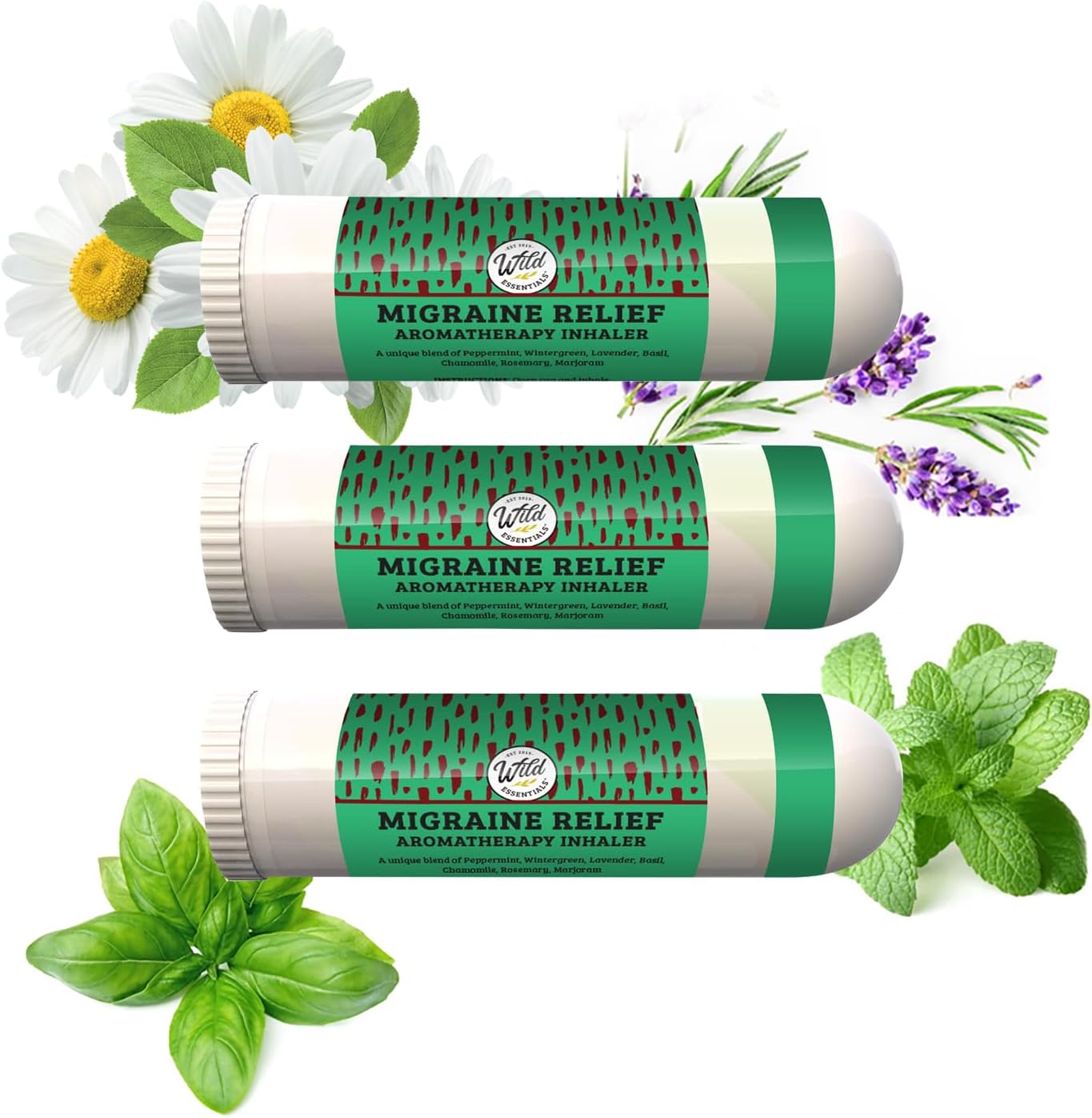 Wild Essentials 3 Pack of Migraine Relief Aromatherapy Nasal Inhalers Made with Therapeutic Grade Essential Oils to Help alieviate Headache Pain