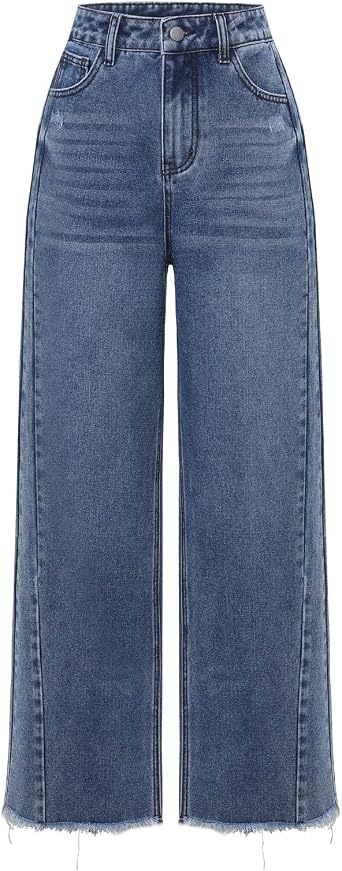 Womens High Waisted Jeans Trendy Strechy Wide Leg Side Seam Frayed Hem Baggy Work Denim Pants